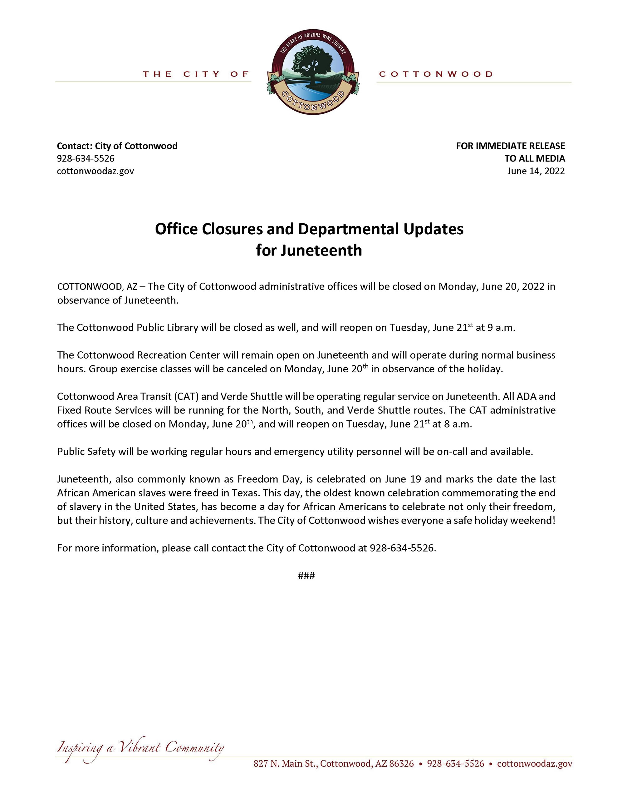 PRESS RELEASE - Juneteenth 2022