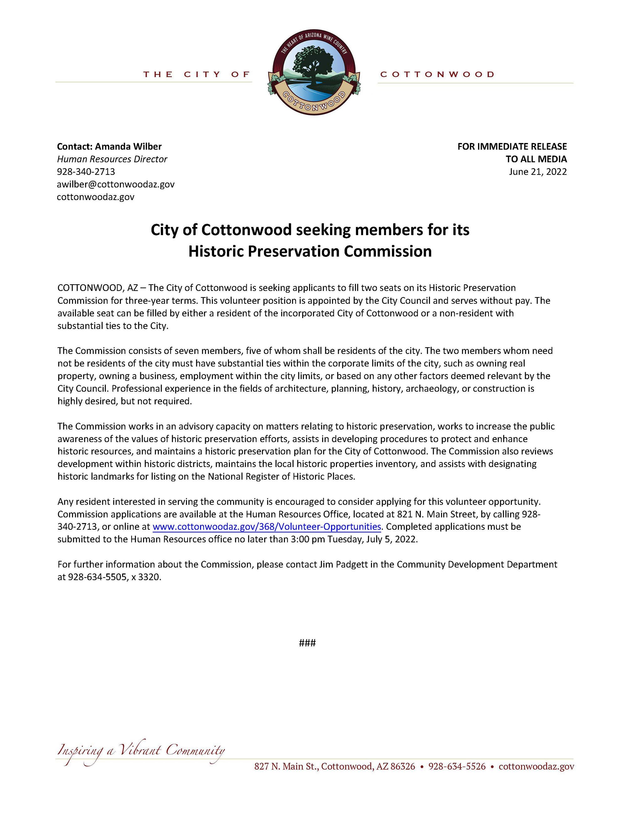 PRESS RELEASE - City of Cottonwood Seeking Members for its Historic Preservation Commission