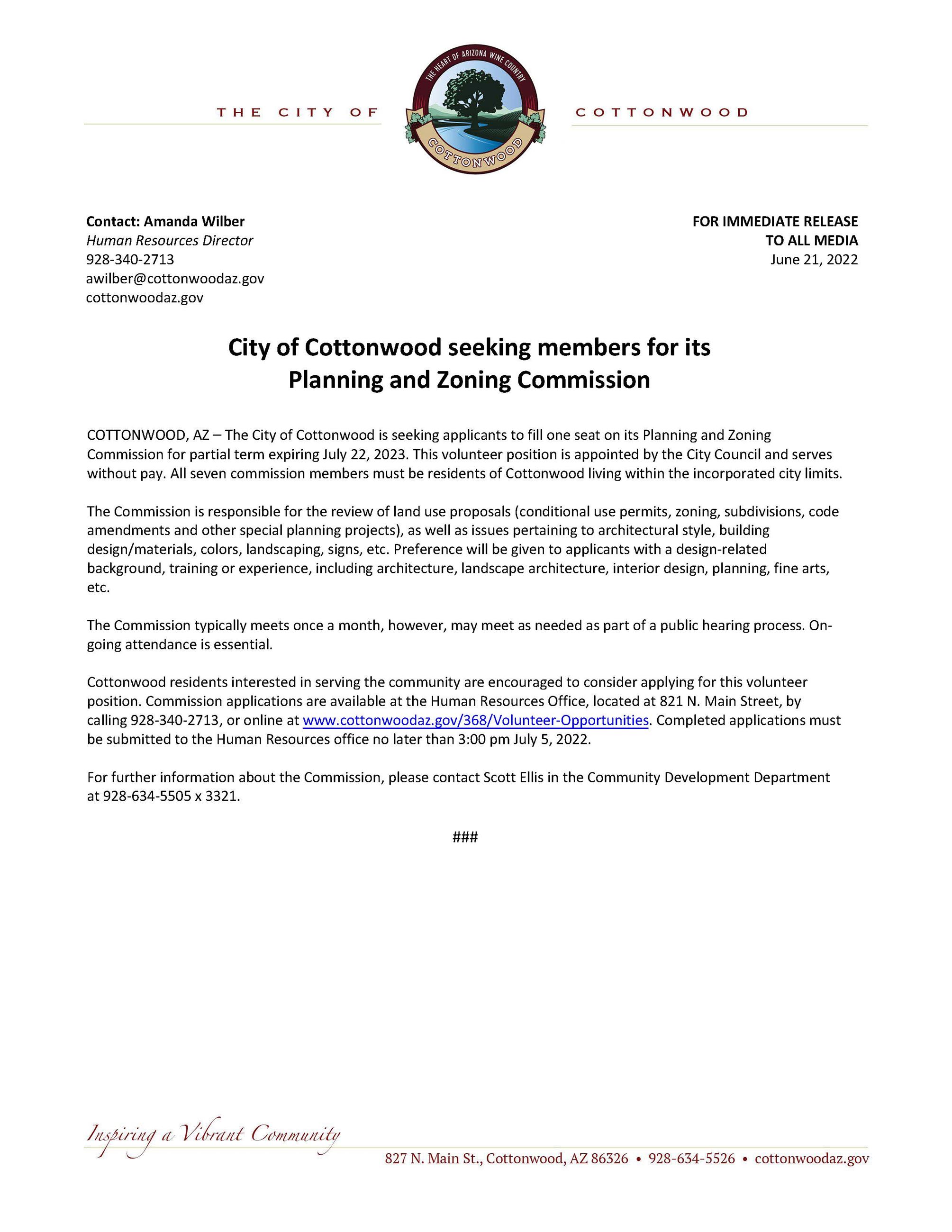 PRESS RELEASE - City of Cottonwood Seeking Members for its Planning and Zoning Commission