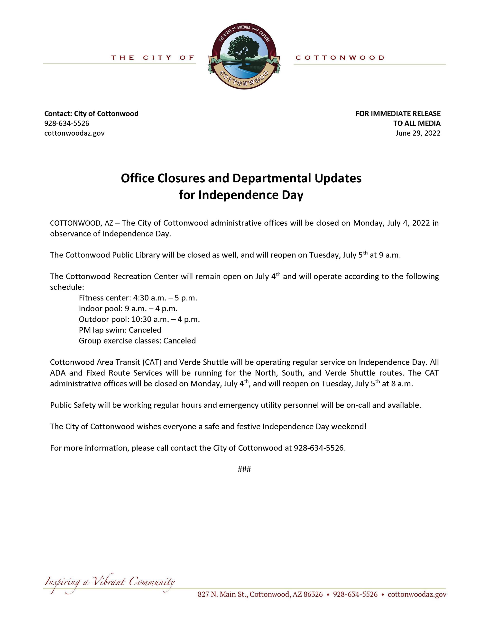 PRESS RELEASE - Independence Day 2022