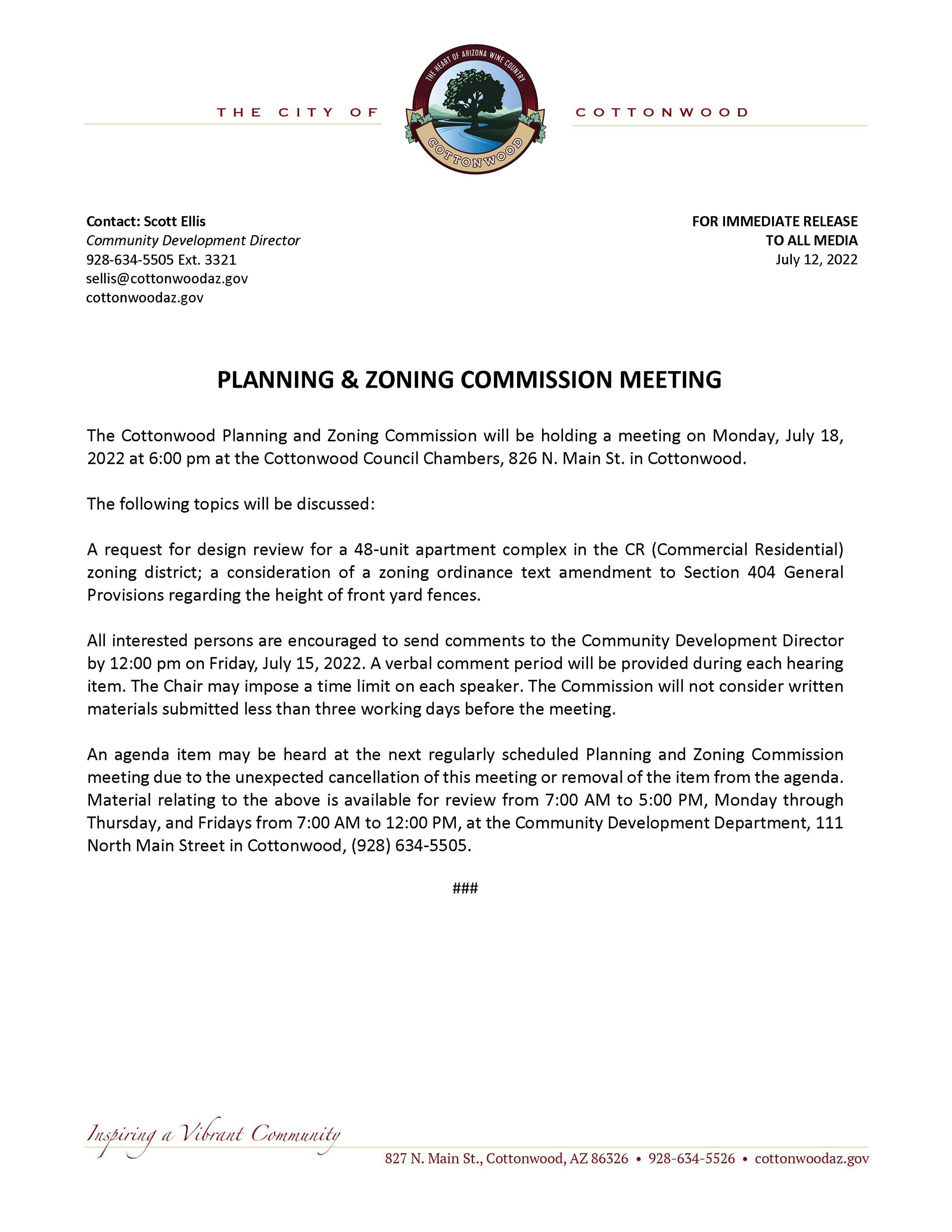 PRESS RELEASE - Planning and Zoning Commission Meeting