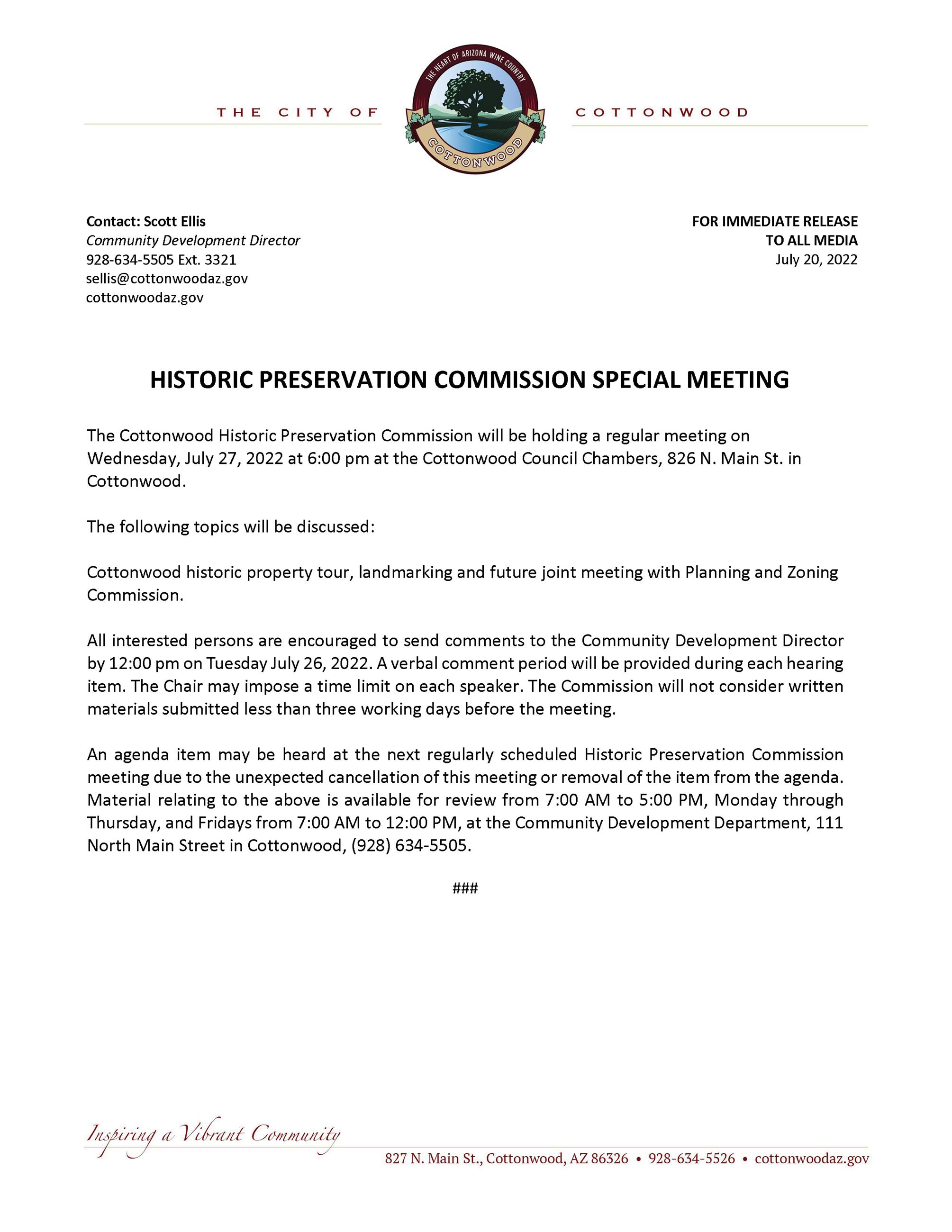 PRESS RELEASE - Historic Preservation Commission Meeting