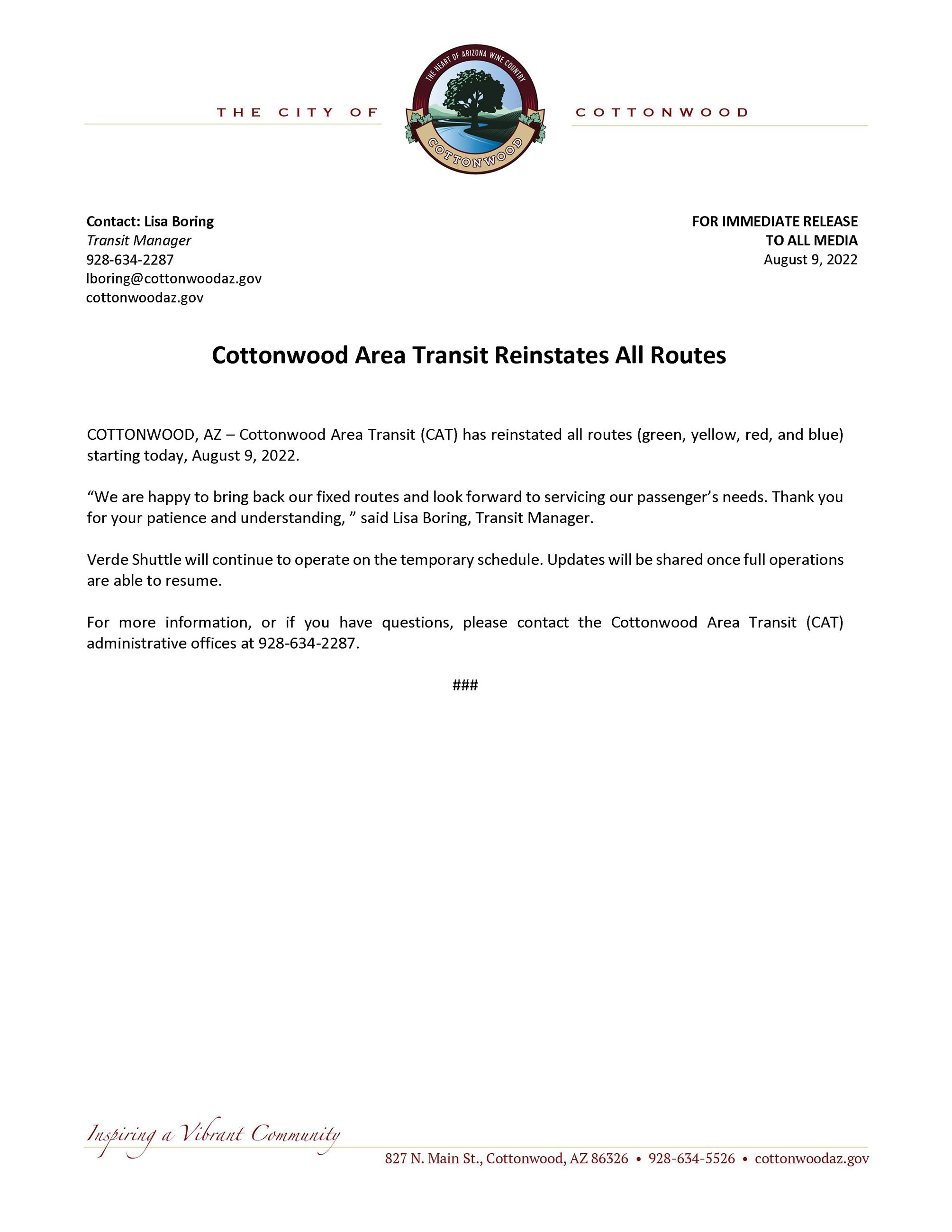 PRESS RELEASE - CAT Reinstates All Routes