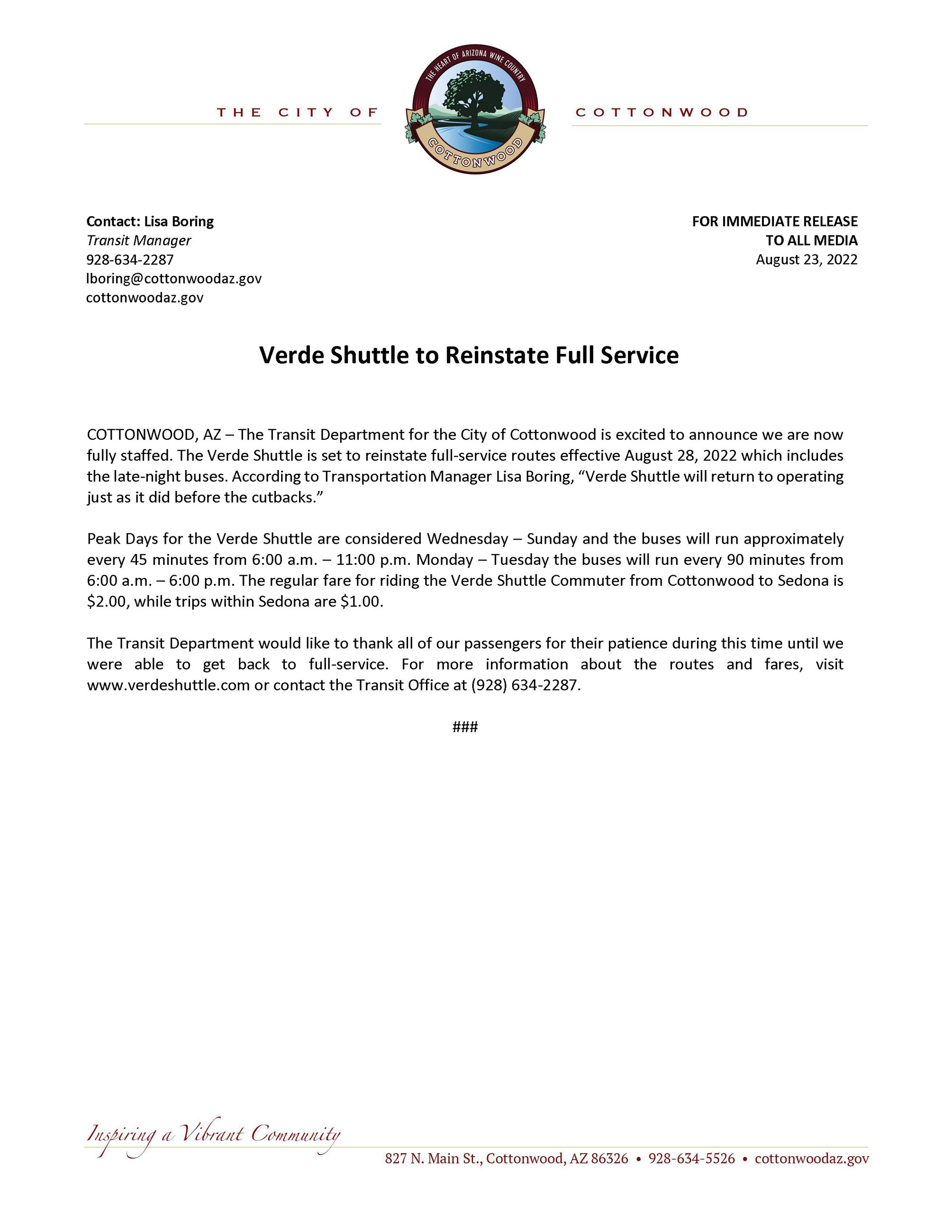 PRESS RELEASE - Verde Shuttle to Reinstate Full Service