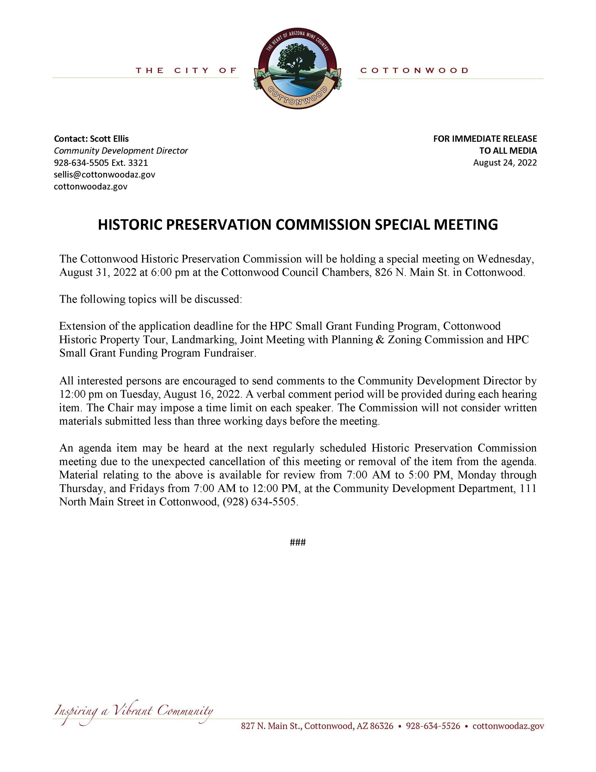 PRESS RELEASE - Historic Preservation Commission Special Meeting