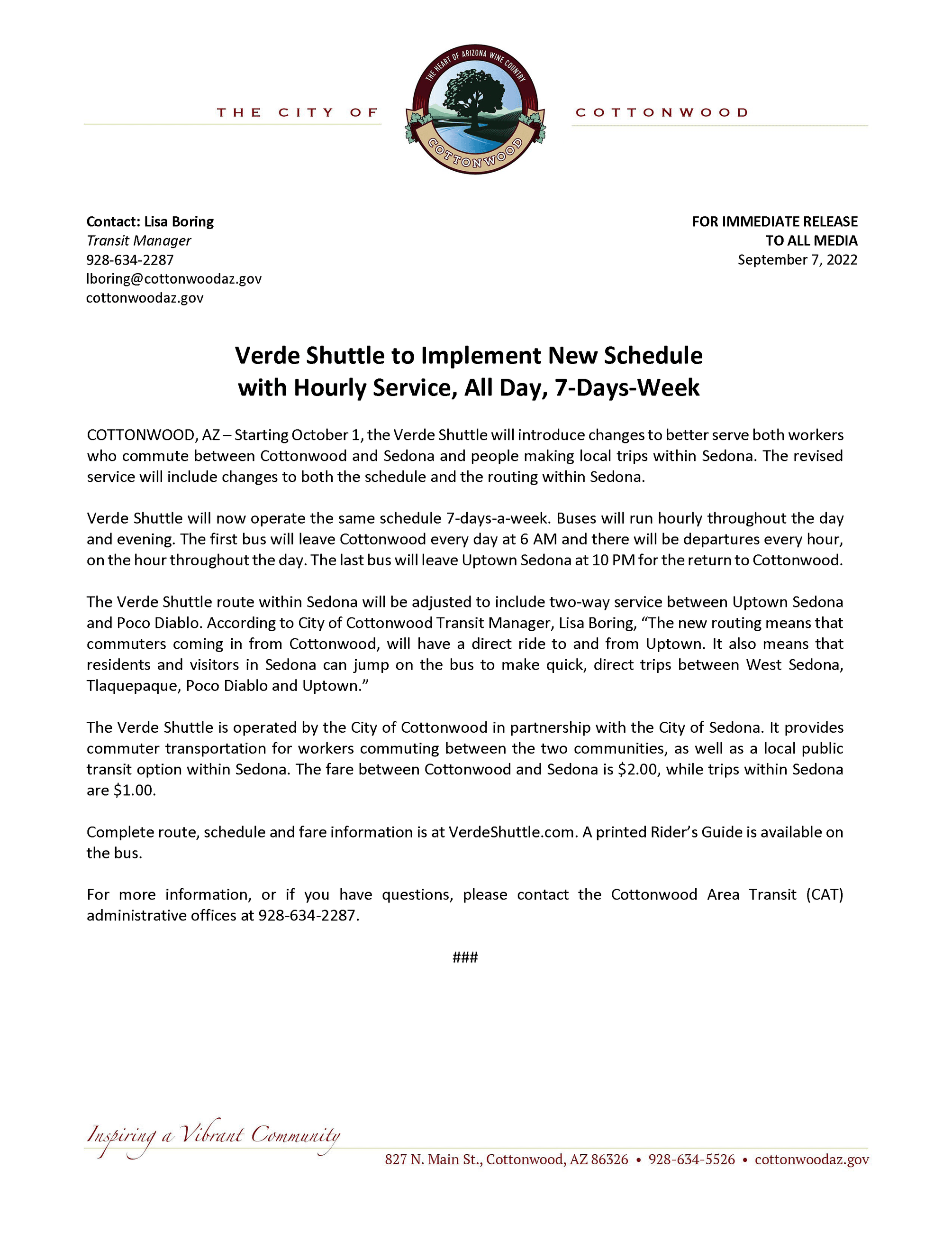 PRESS RELEASE - New Verde Shuttle Schedule