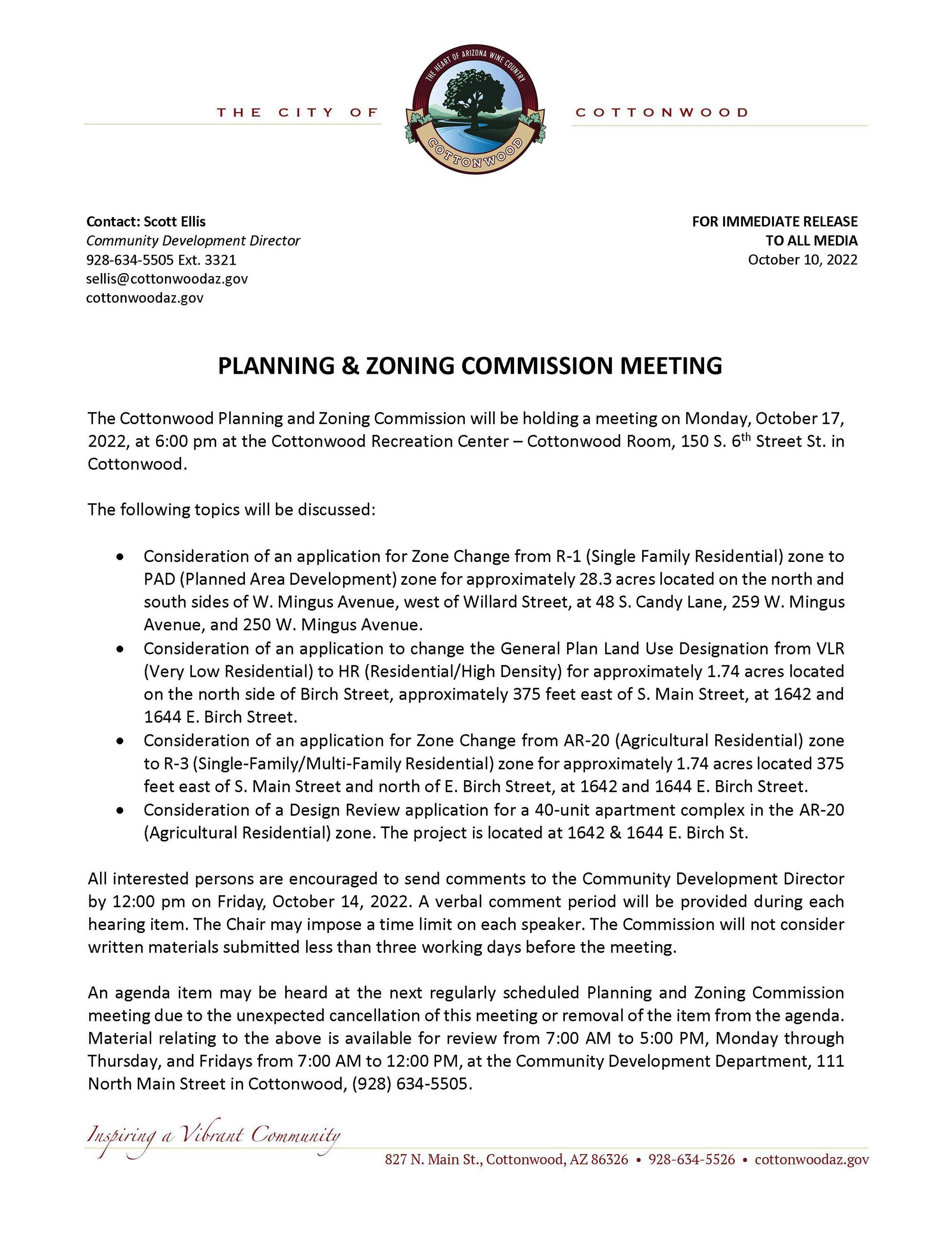 PRESS RELEASE - Planning and Zoning Commission Meeting