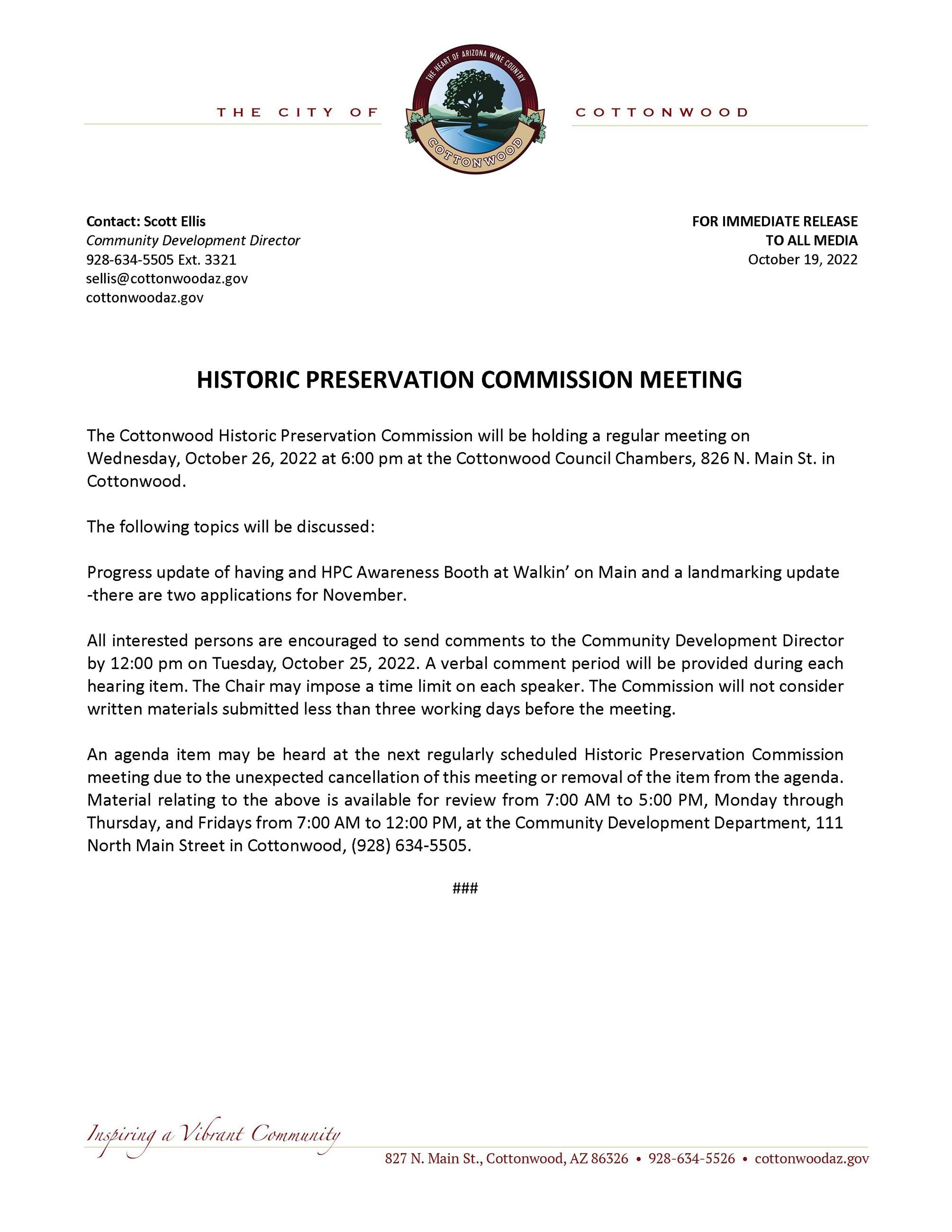 PRESS RELEASE - Historic Preservation Commission Meeting