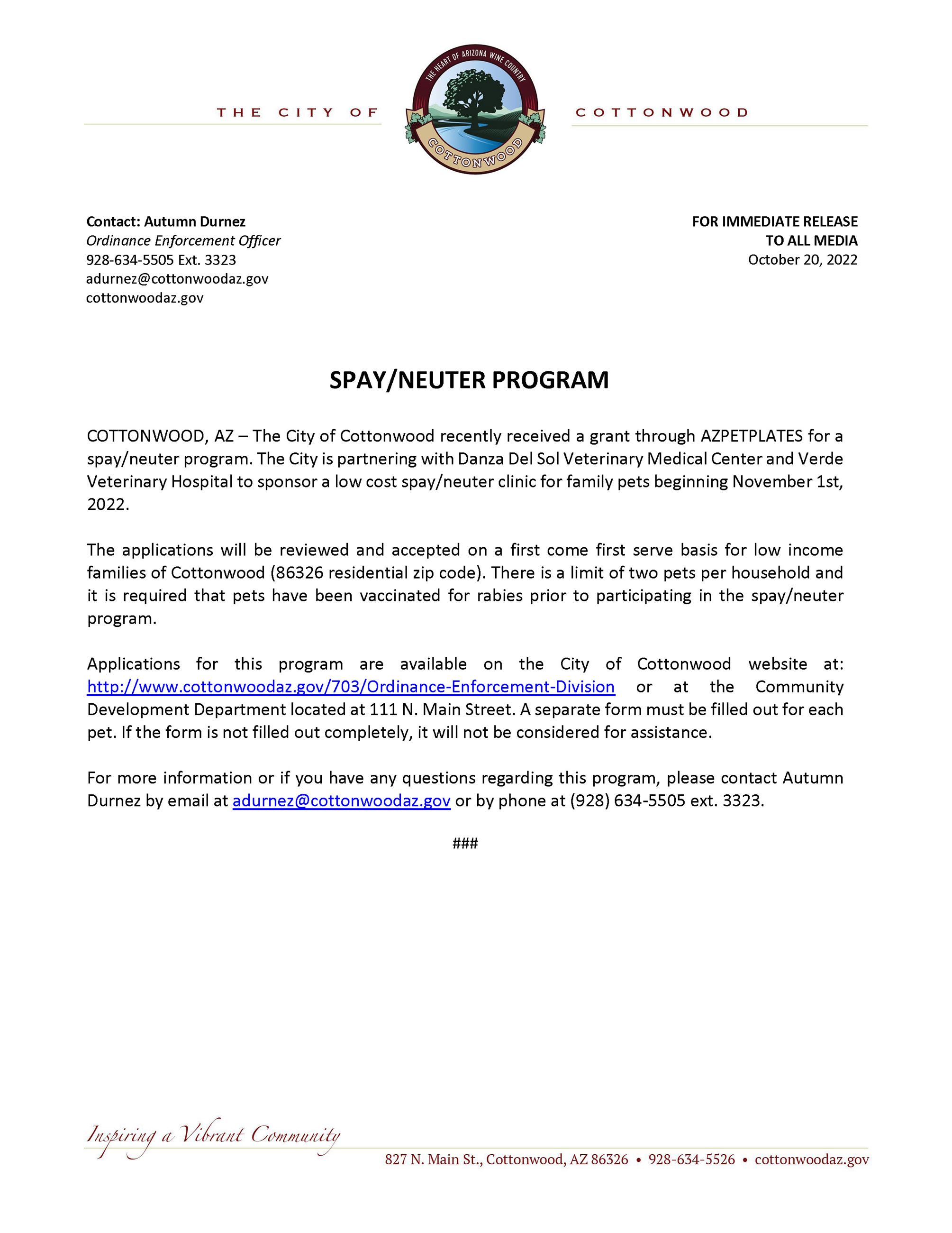 Press Release-Spay Neuter Program