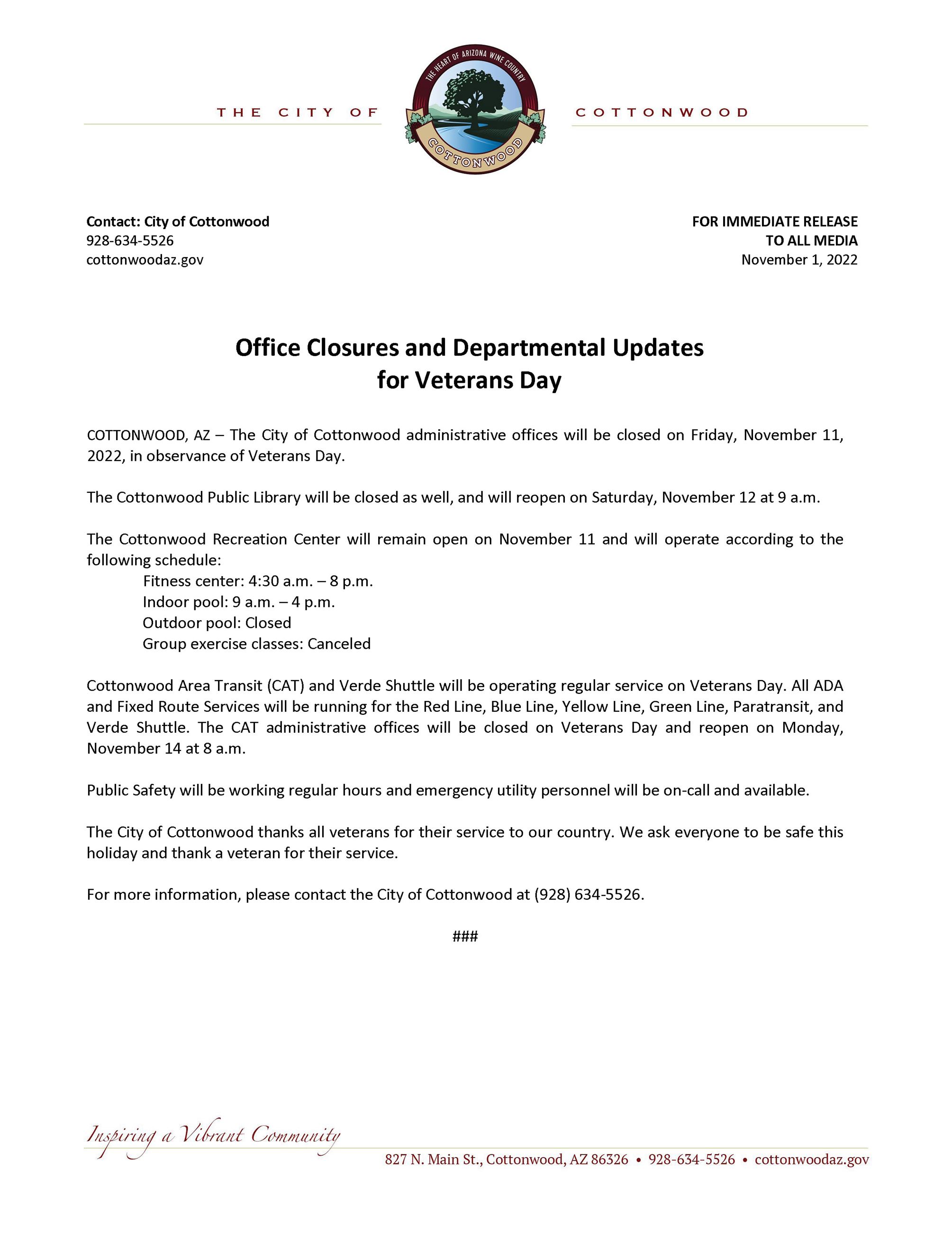 PRESS RELEASE - Veterans Day 2022