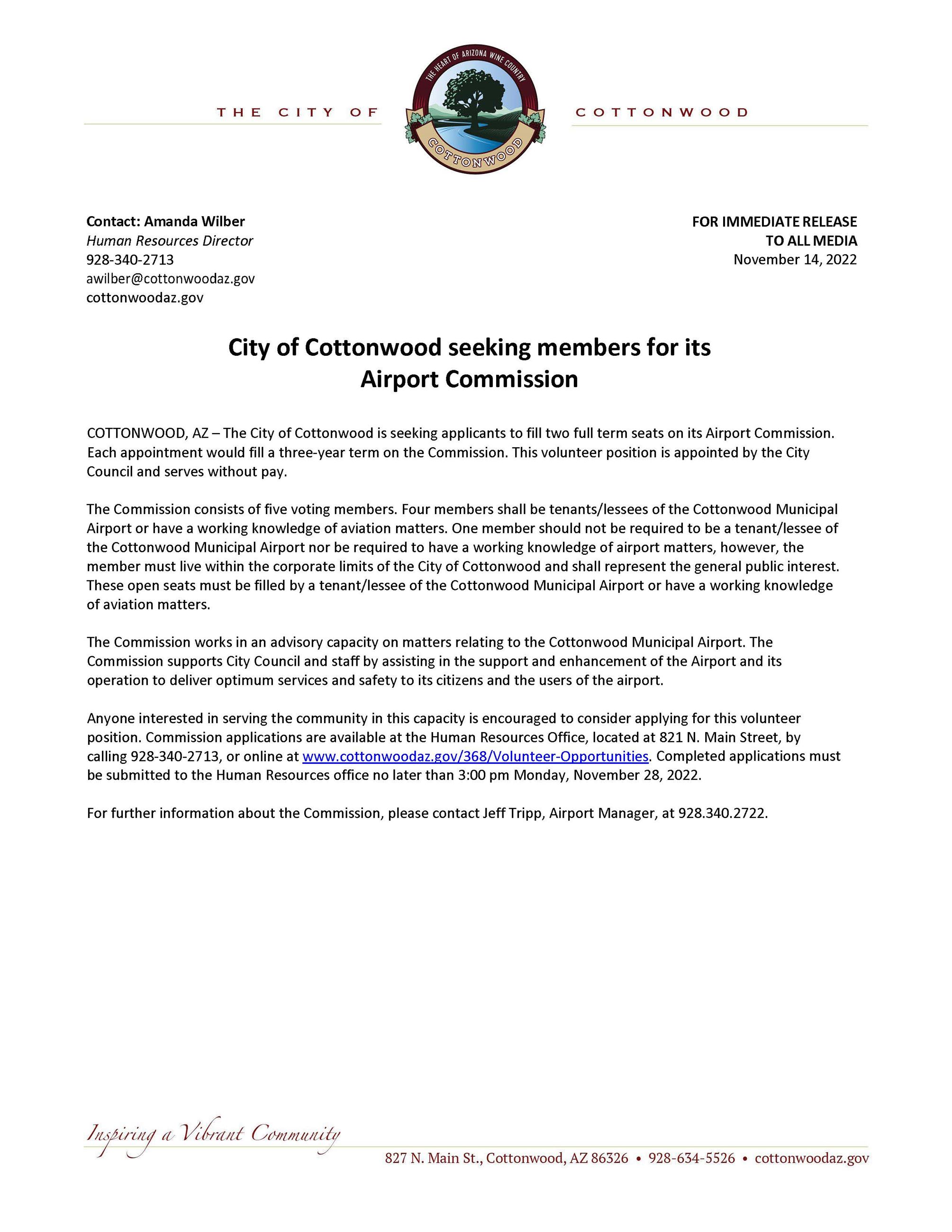 PRESS RELEASE - City of Cottonwood Seeking Members for its Airport Commission
