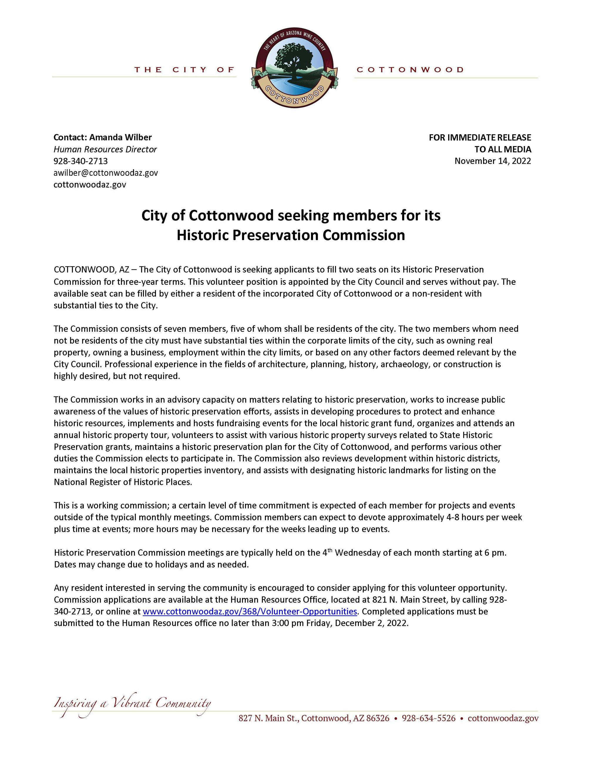PRESS RELEASE - City of Cottonwood Seeking Members for its Historic Preservation Commission