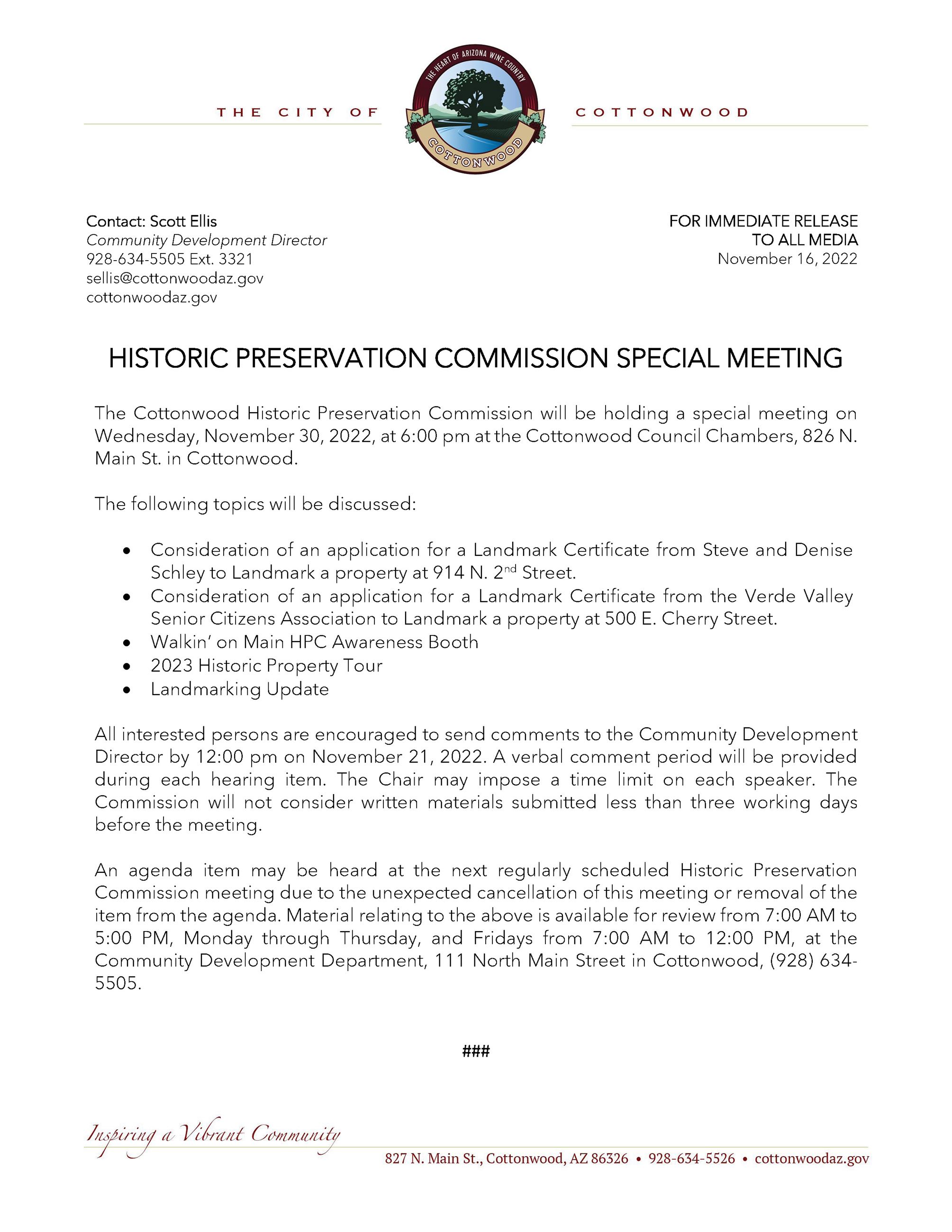 PRESS RELEASE - Historic Preservation Commission Special Meeting (1)
