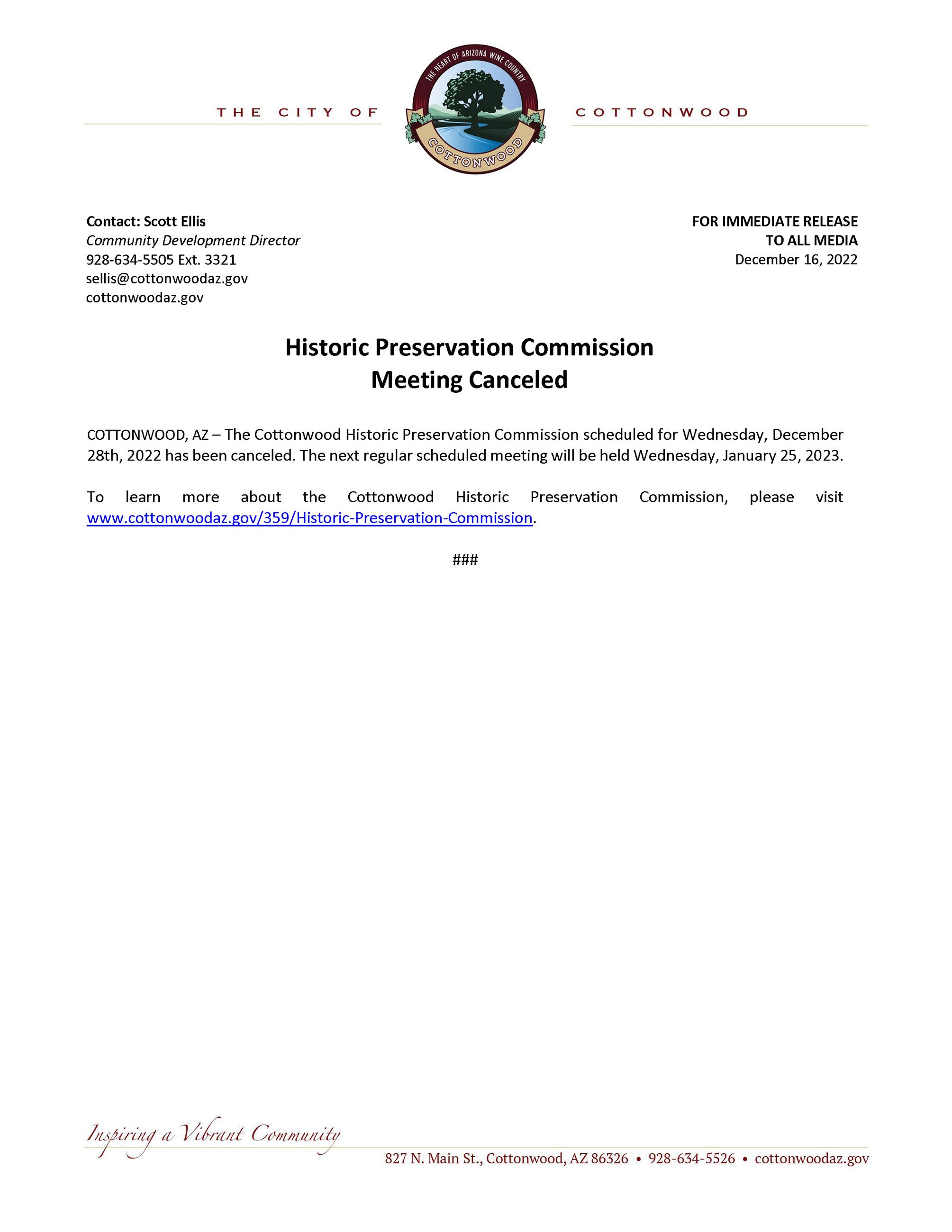 PRESS RELEASE - HPC Meeting Canceled 12-28-22