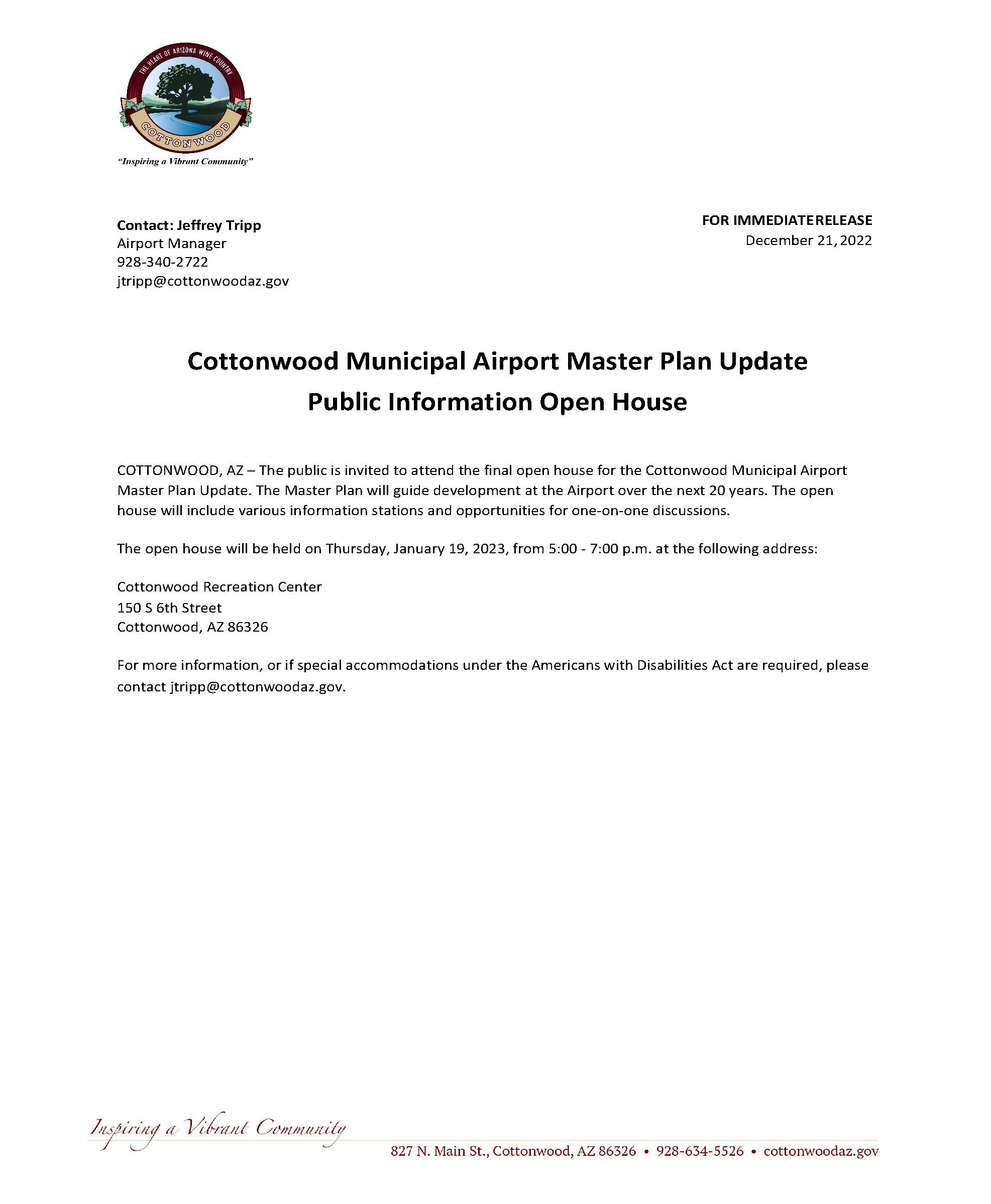 PRESS RELEASE - Cottonwood Municipal Airport Master Plan Update Public Meeting Information Open Hous