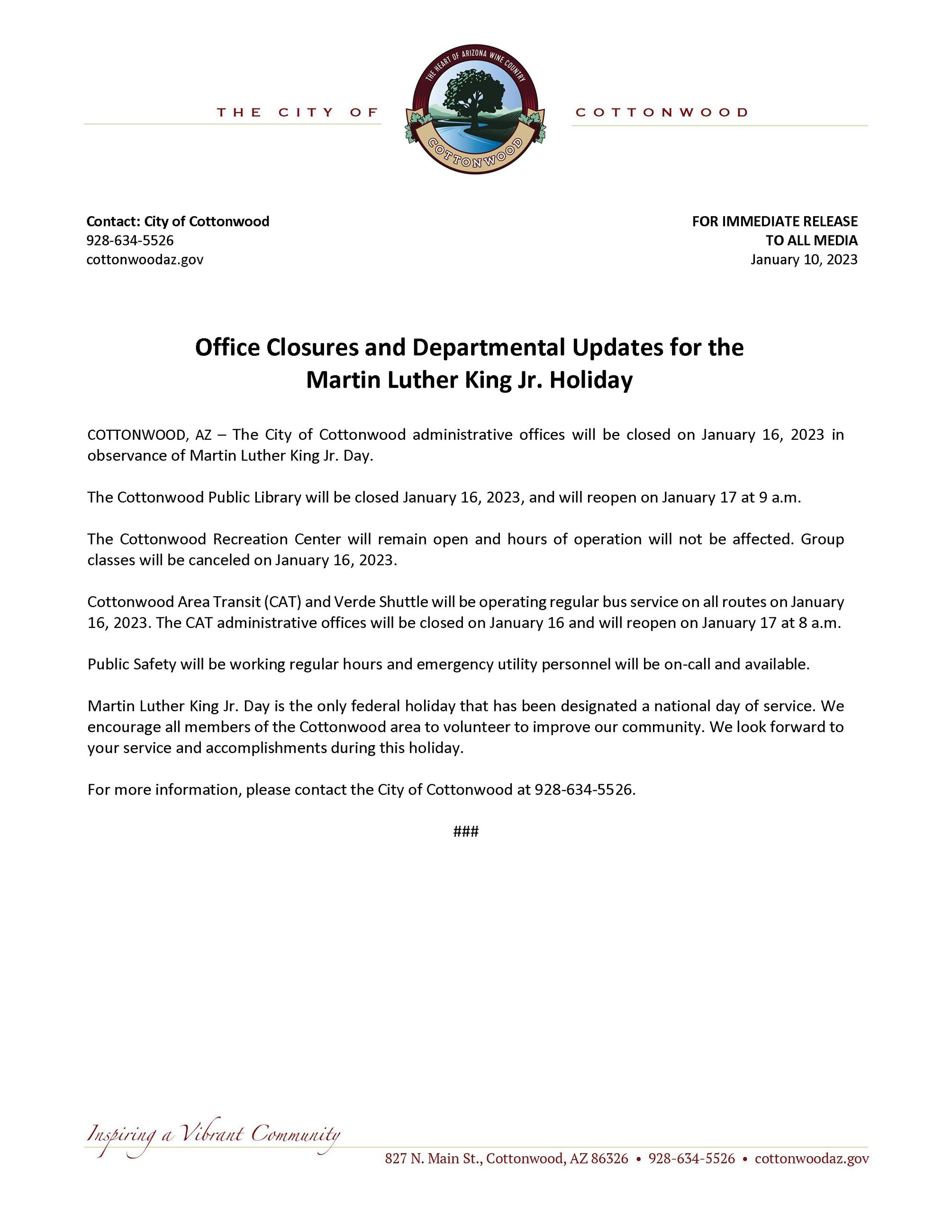 PRESS RELEASE - MLK Day 2023