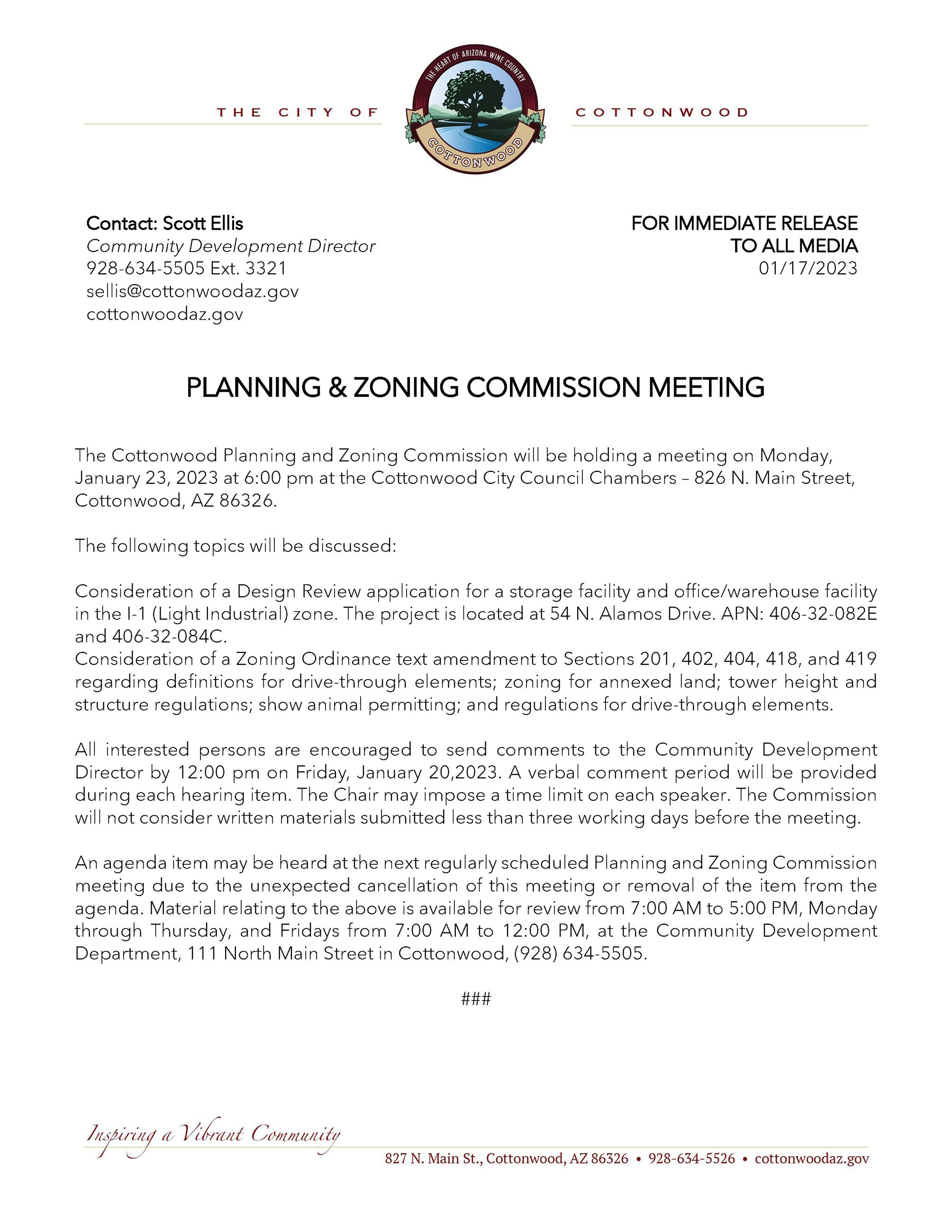 PRESS RELEASE - Planning and Zoning Commission Meeting