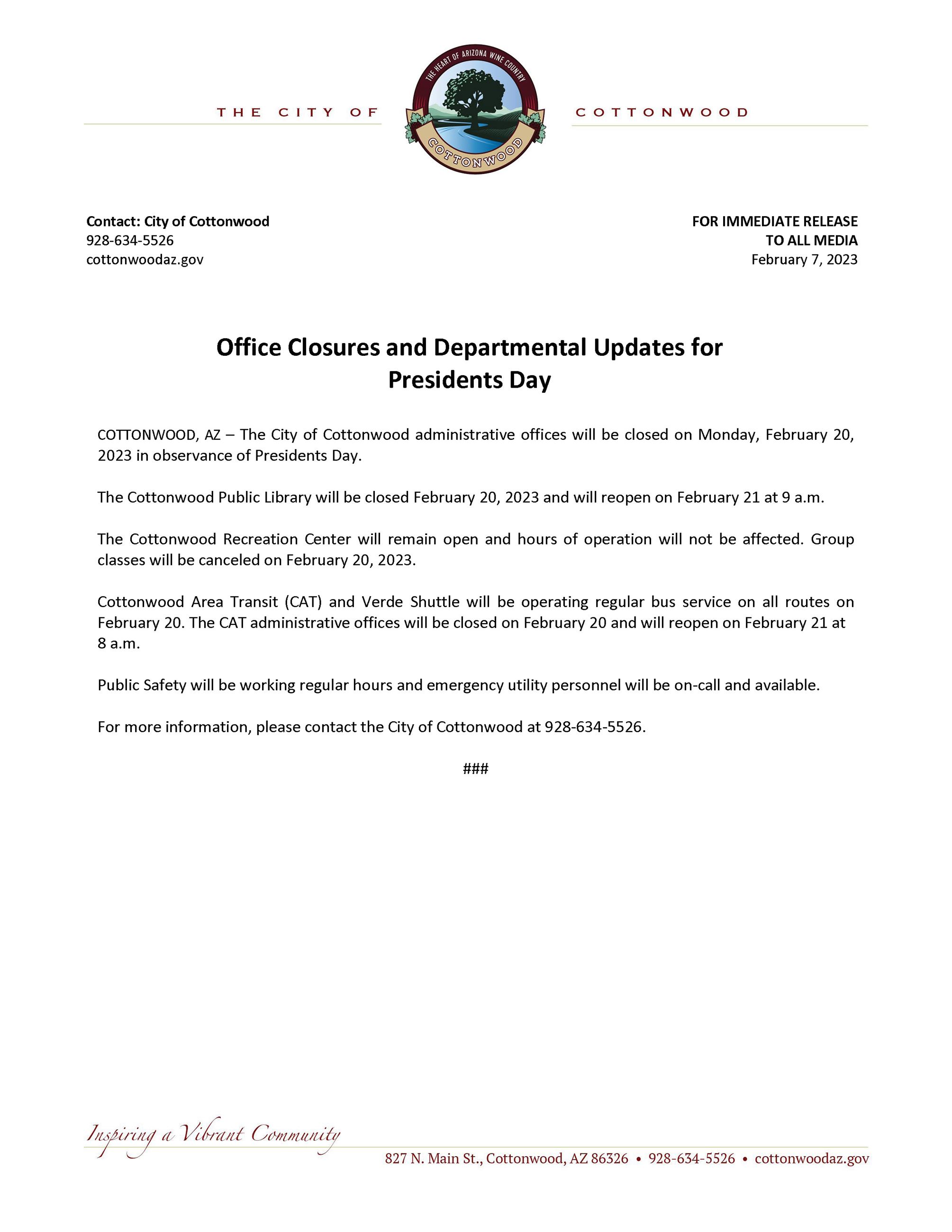 PRESS RELEASE - Presidents Day 2023