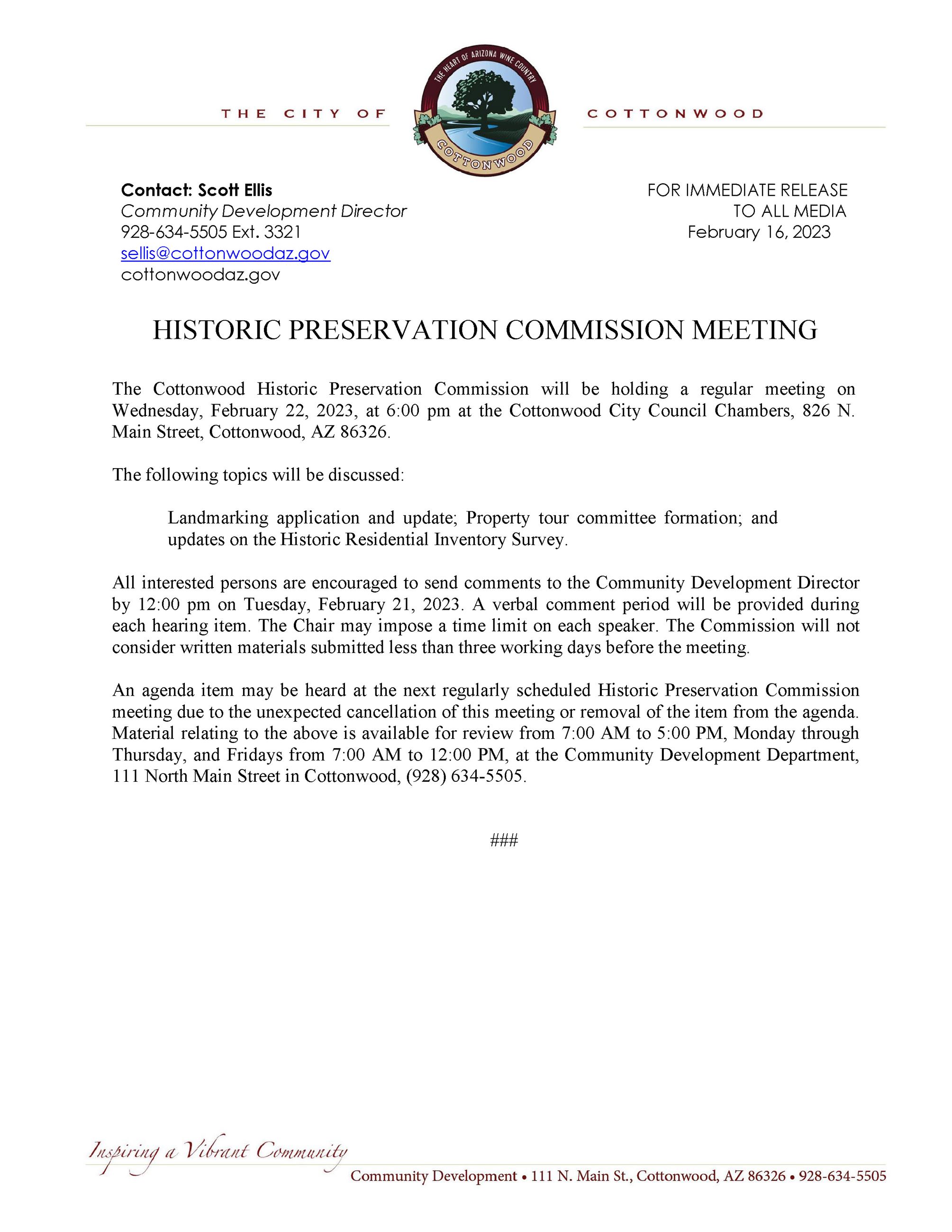 PRESS RELEASE - Historic Preseravtion Commission Meeting