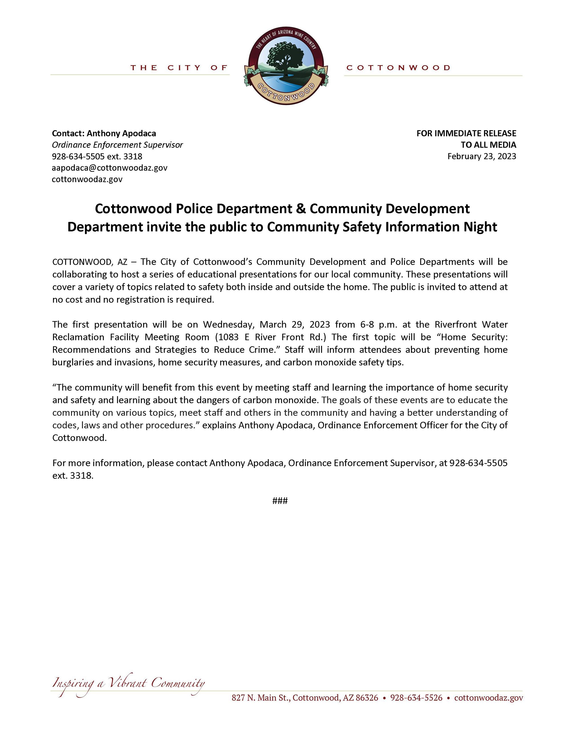 PRESS RELEASE - Community Safety Information Night