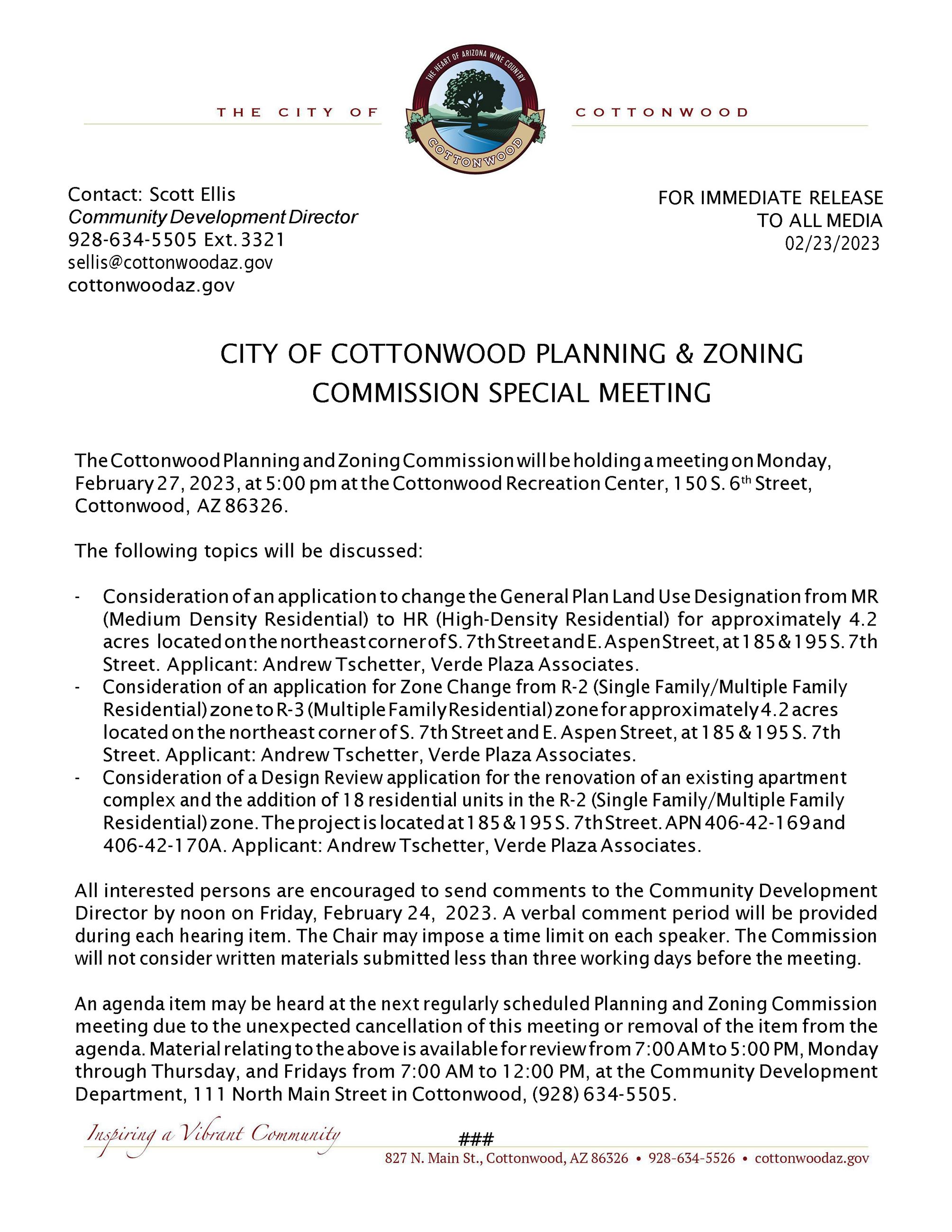 PRESS RELEASE - City of Cottonwood Planning and Zoning Commission Special Meeting