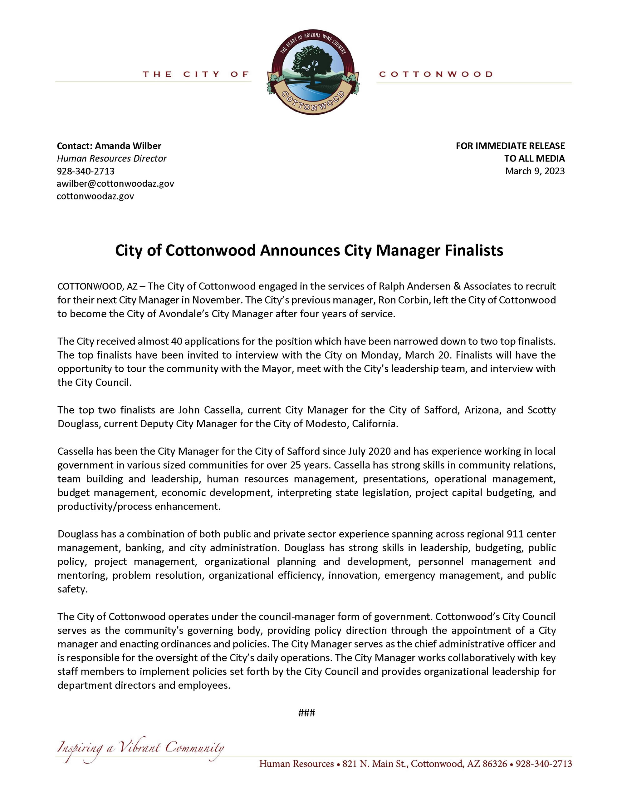 Press Release - City Manager Finalists Announced