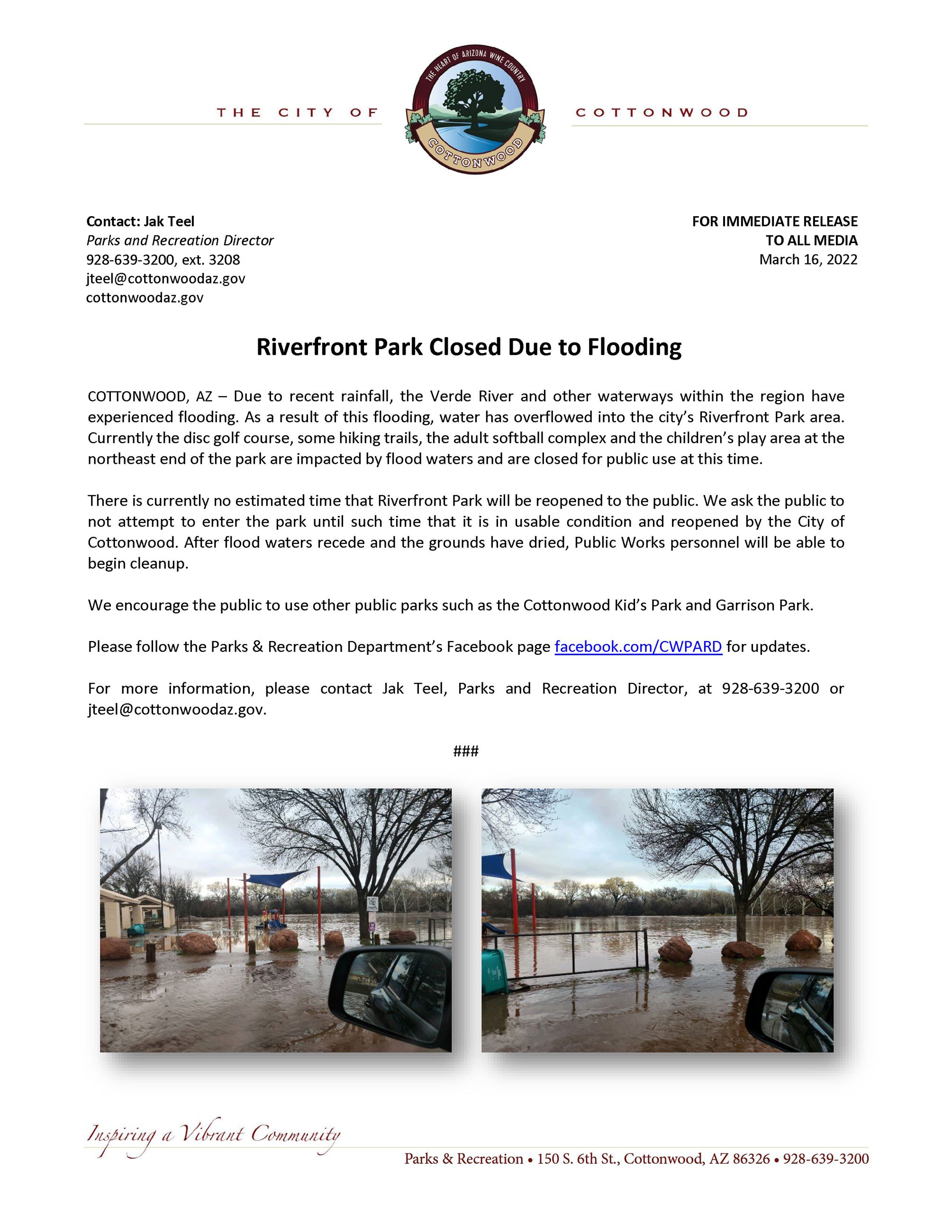 PRESS RELEASE - Riverfront Park Closed Due to Flooding_3-16-23