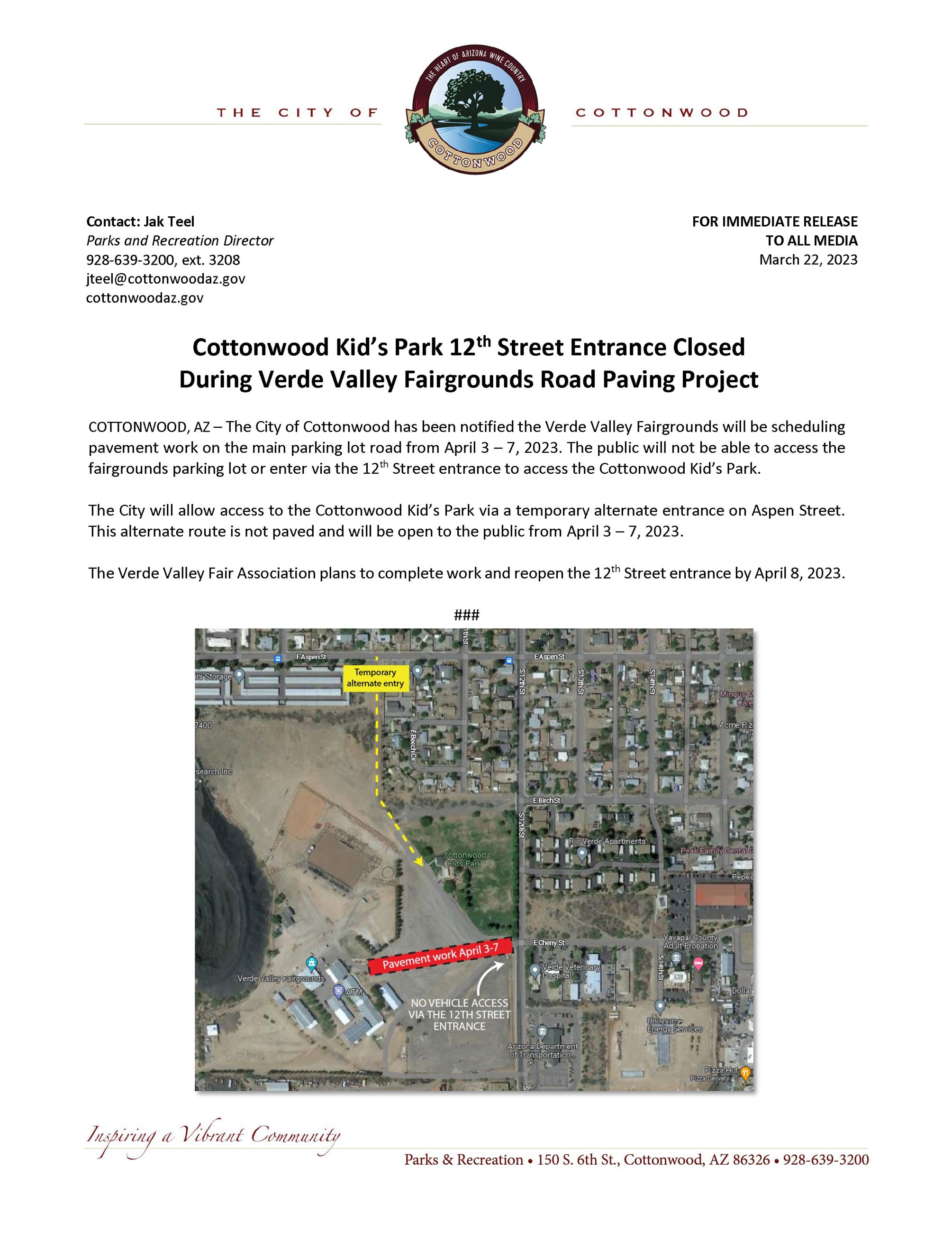 PRESS RELEASE - Alternate Cottonwood Kids Park Access