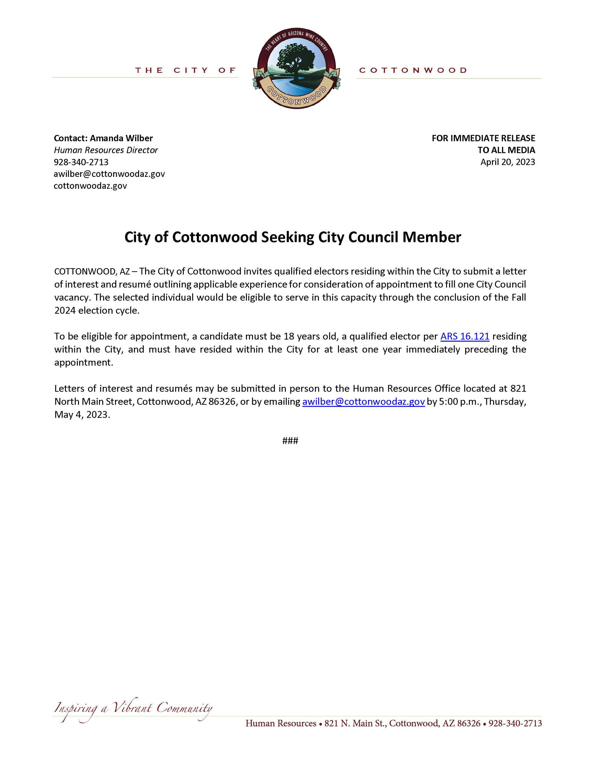 Press Release - City Council Appointment Process