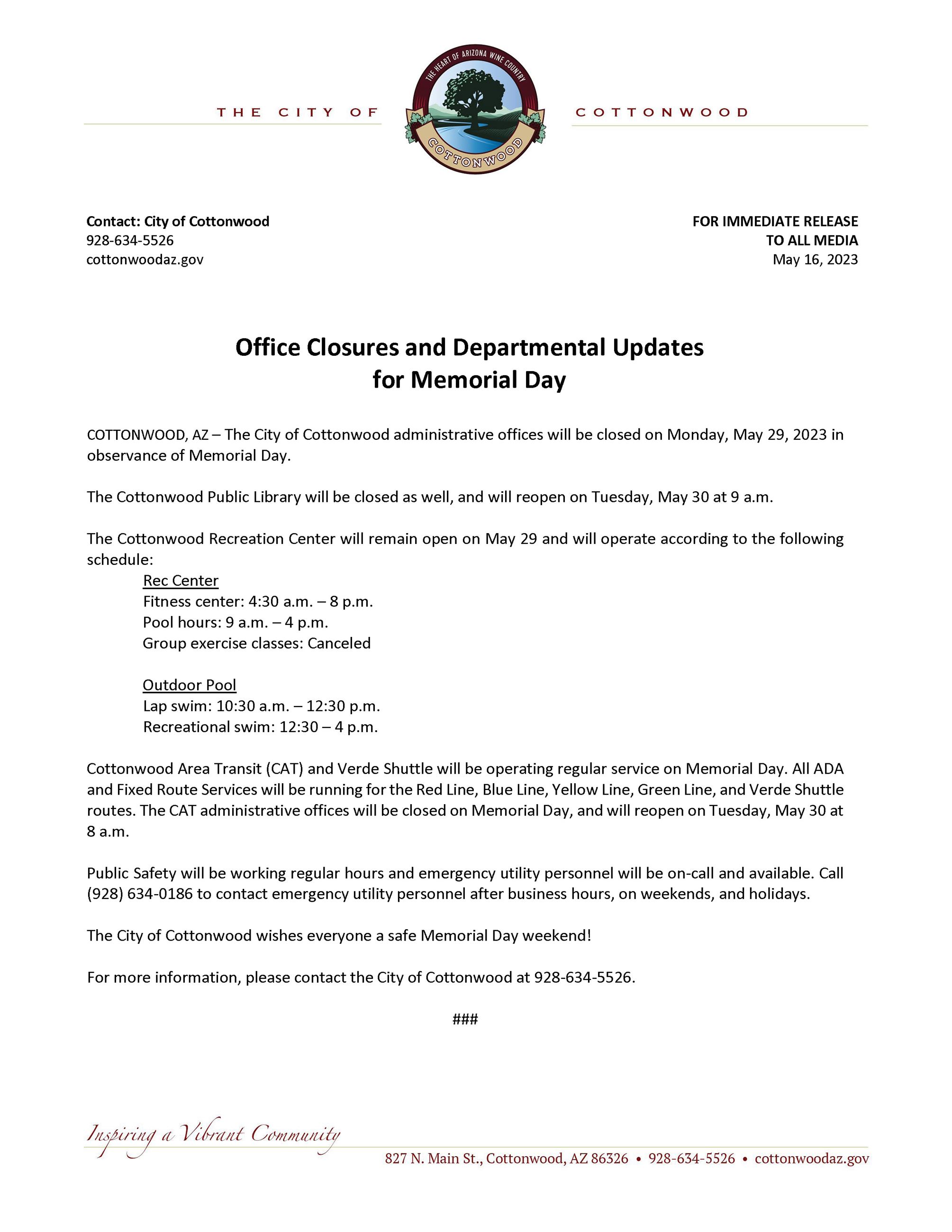 PRESS RELEASE - Memorial Day 2023