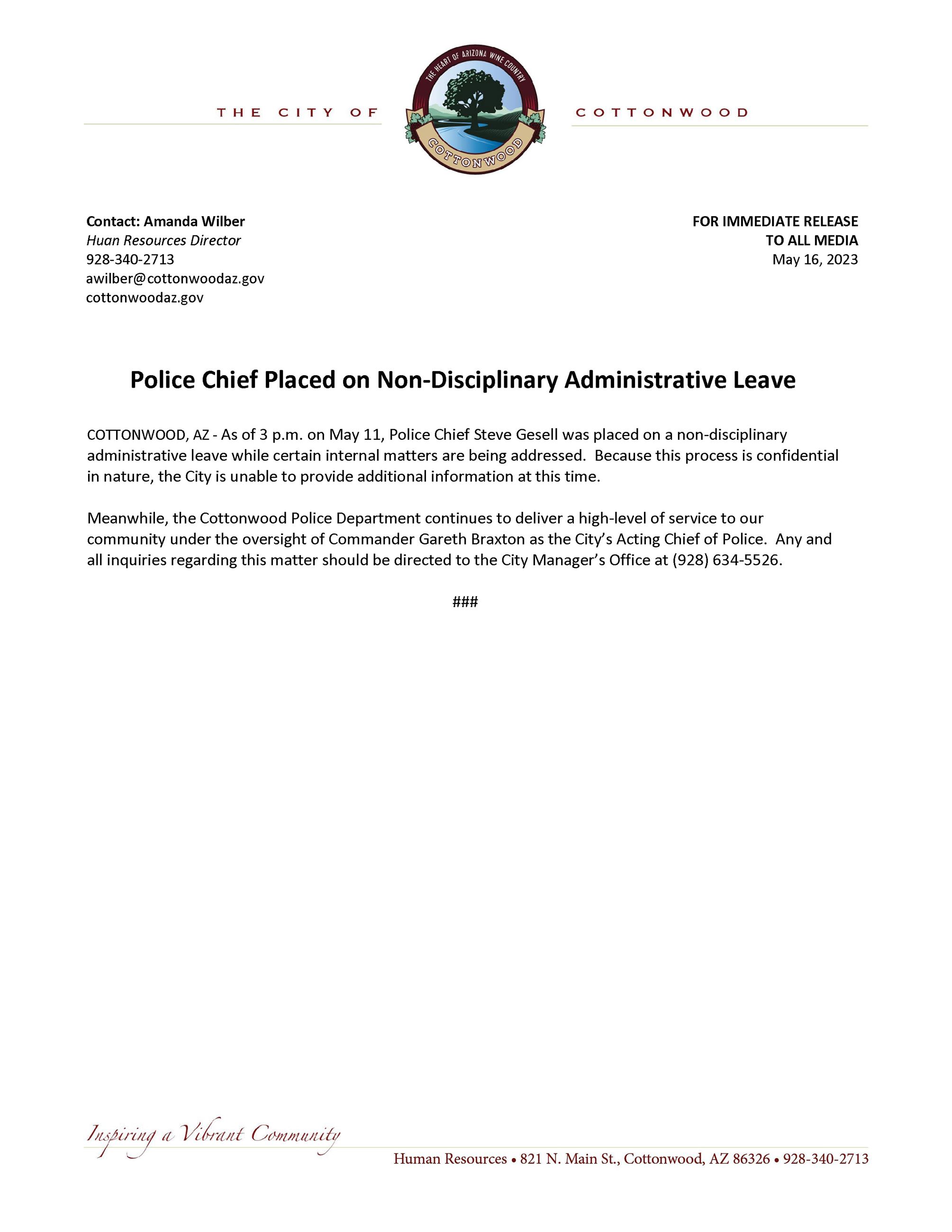 Press Release - Police Chief Placed on Non-Disciplinary Administrative Leave