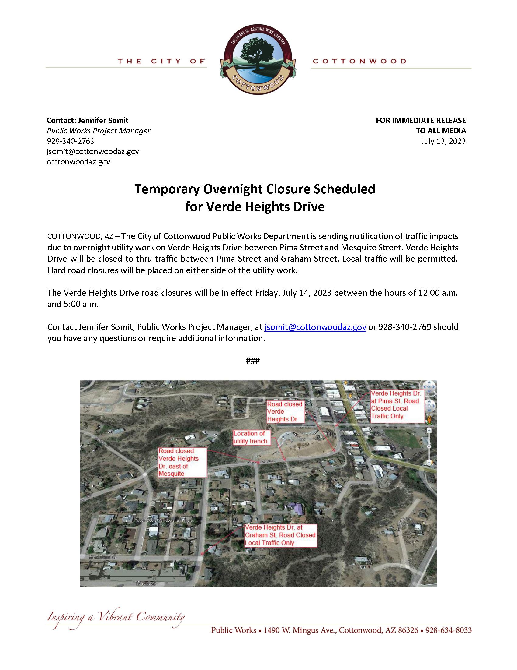 Press Release - Verde Heights Drive Closure 7-14-2023