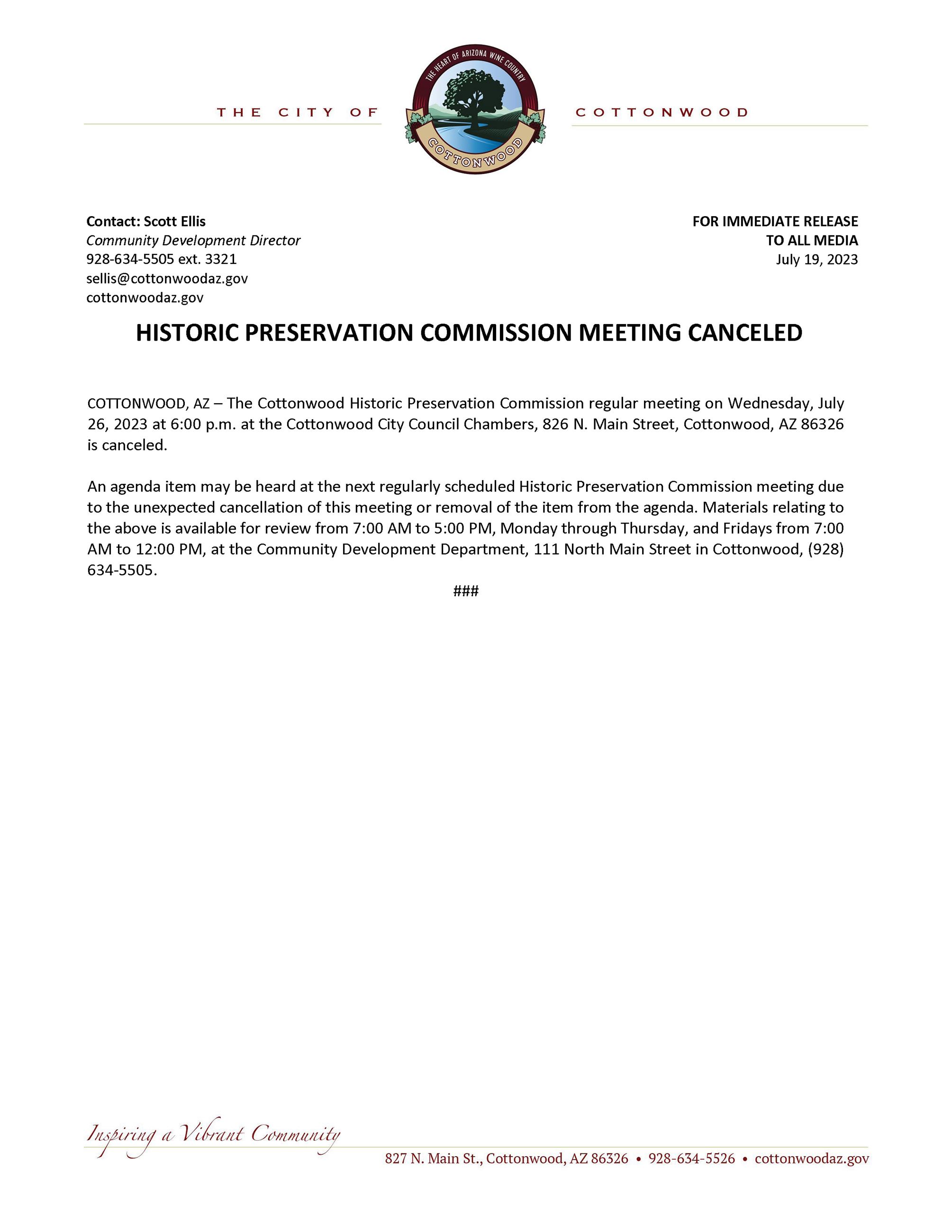 2023-07-19 PRESS RELEASE - HPC Meeting Canceled