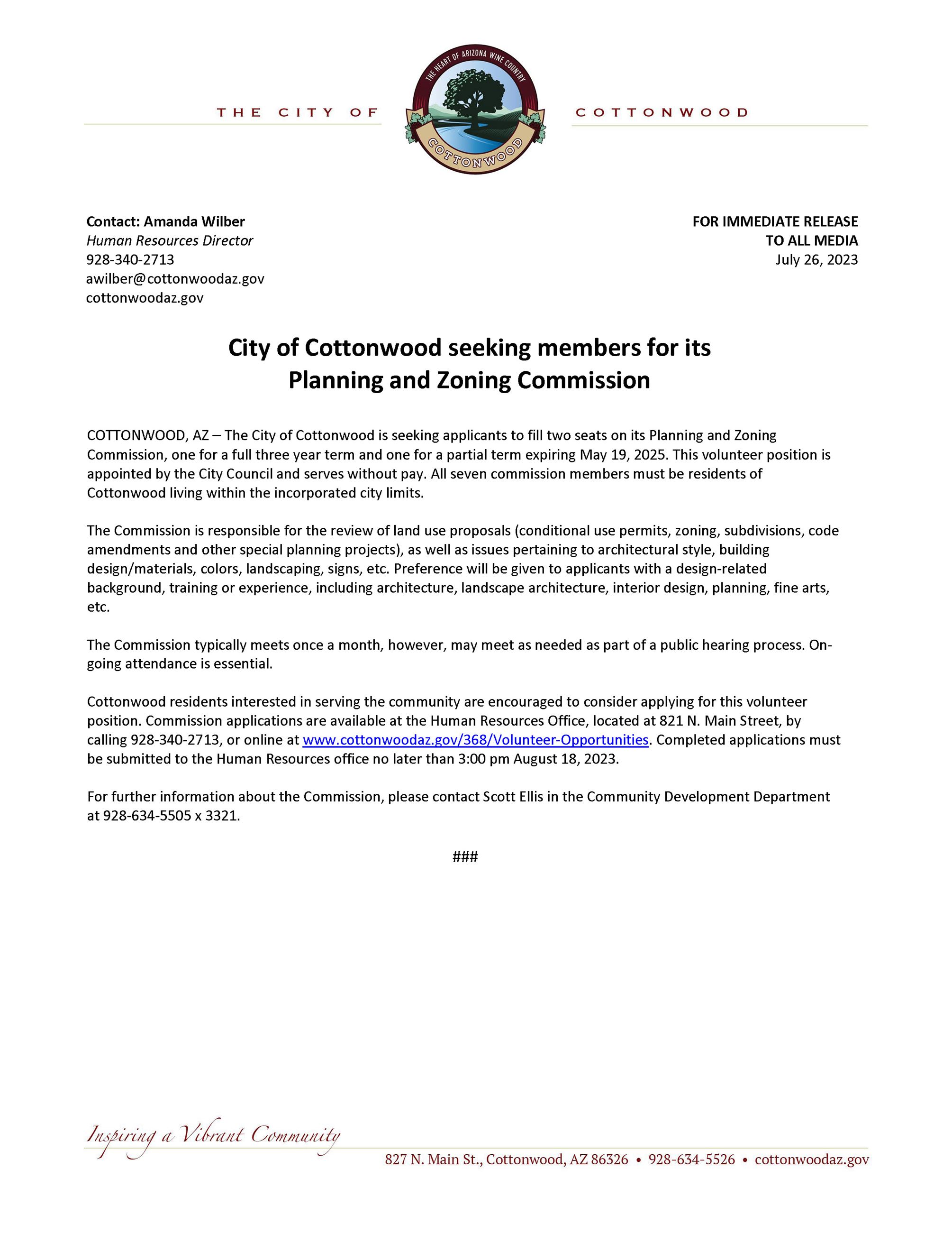 Press Release - P and Z Seeks Commission Members 8-18-23