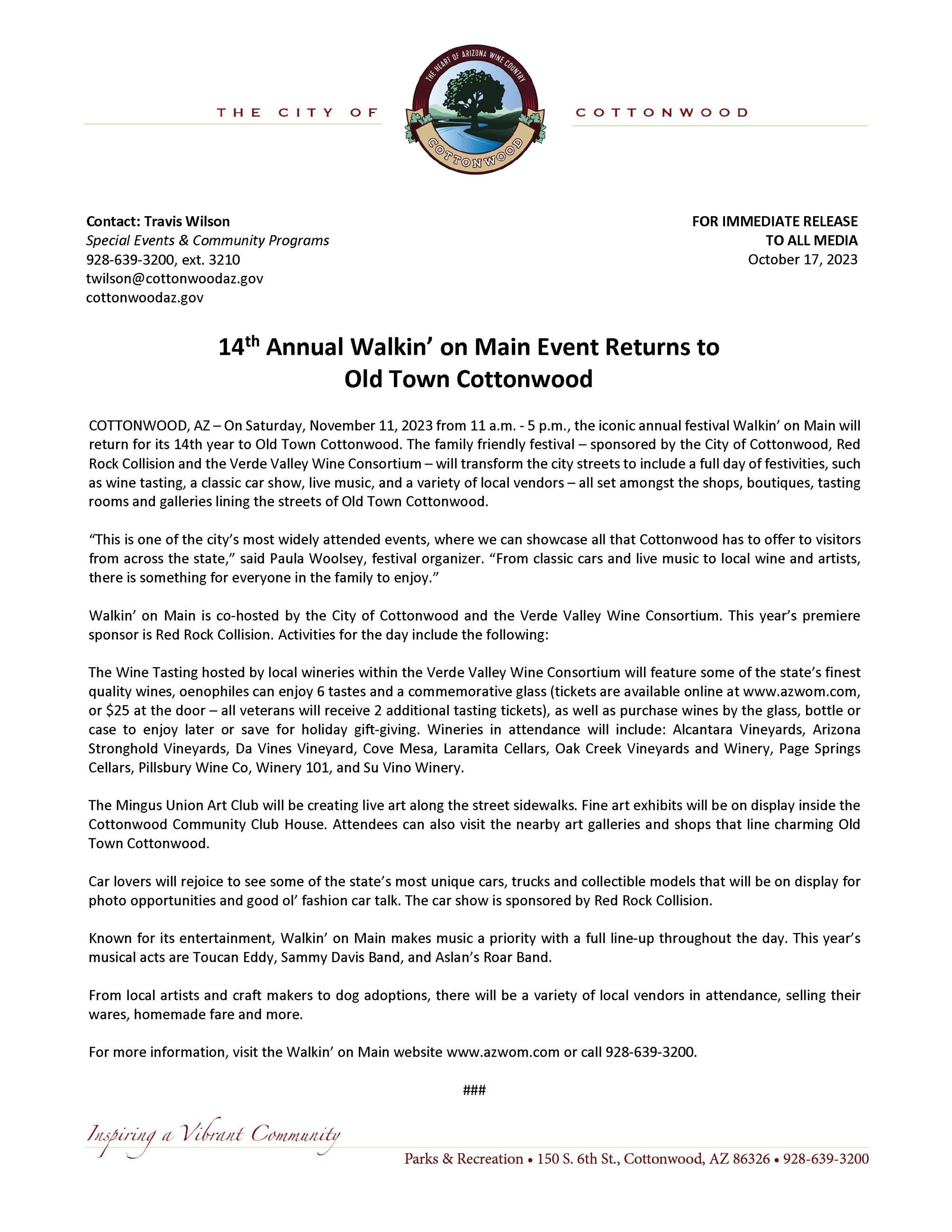 PRESS RELEASE - Walkin on Main 2023