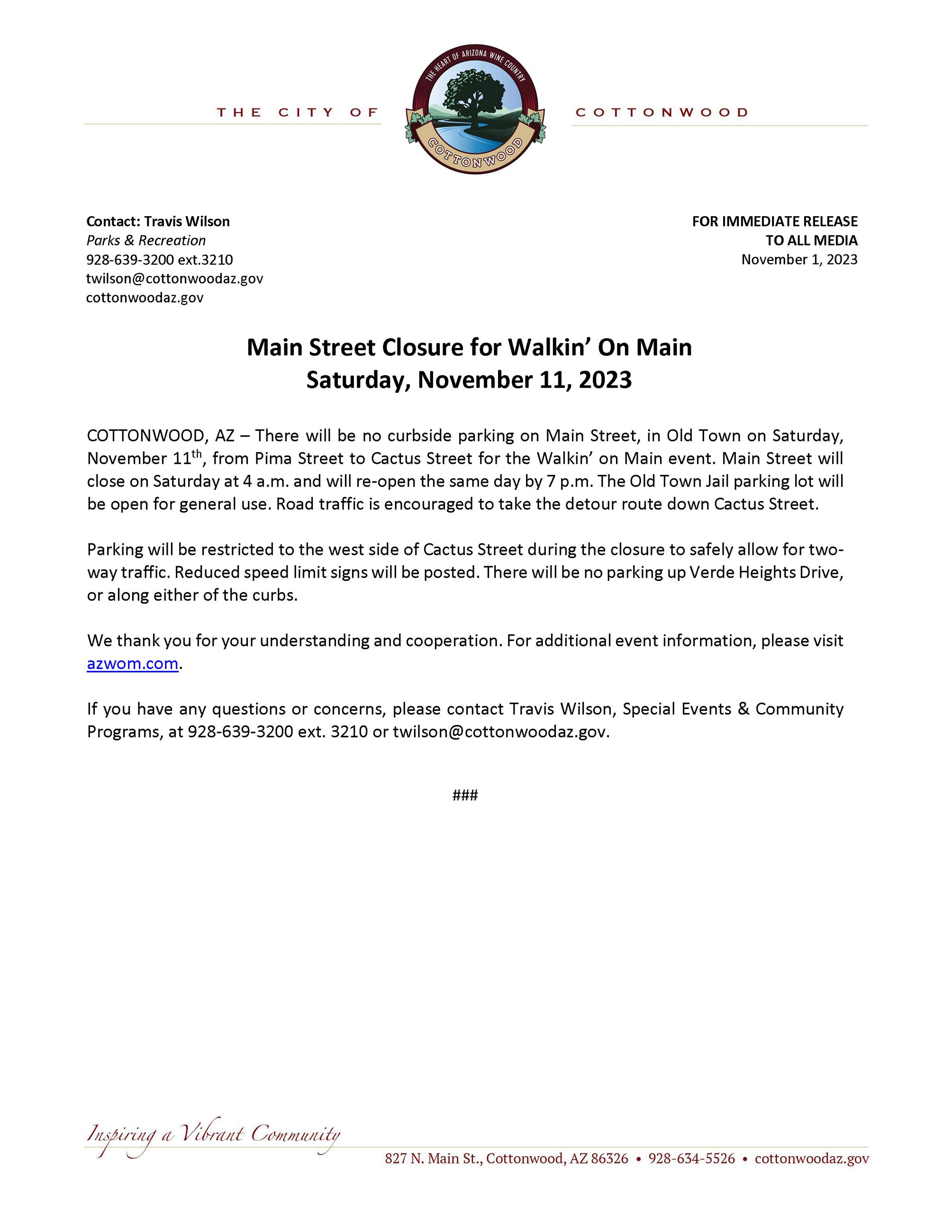 2023-11-01 PRESS RELEASE - Main Street Closure for Walkin on Main