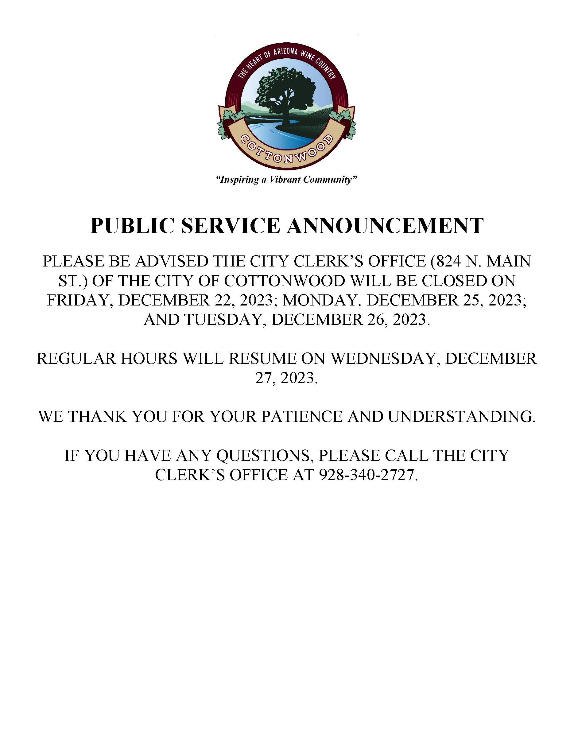 PSA - Clerks Office Closure