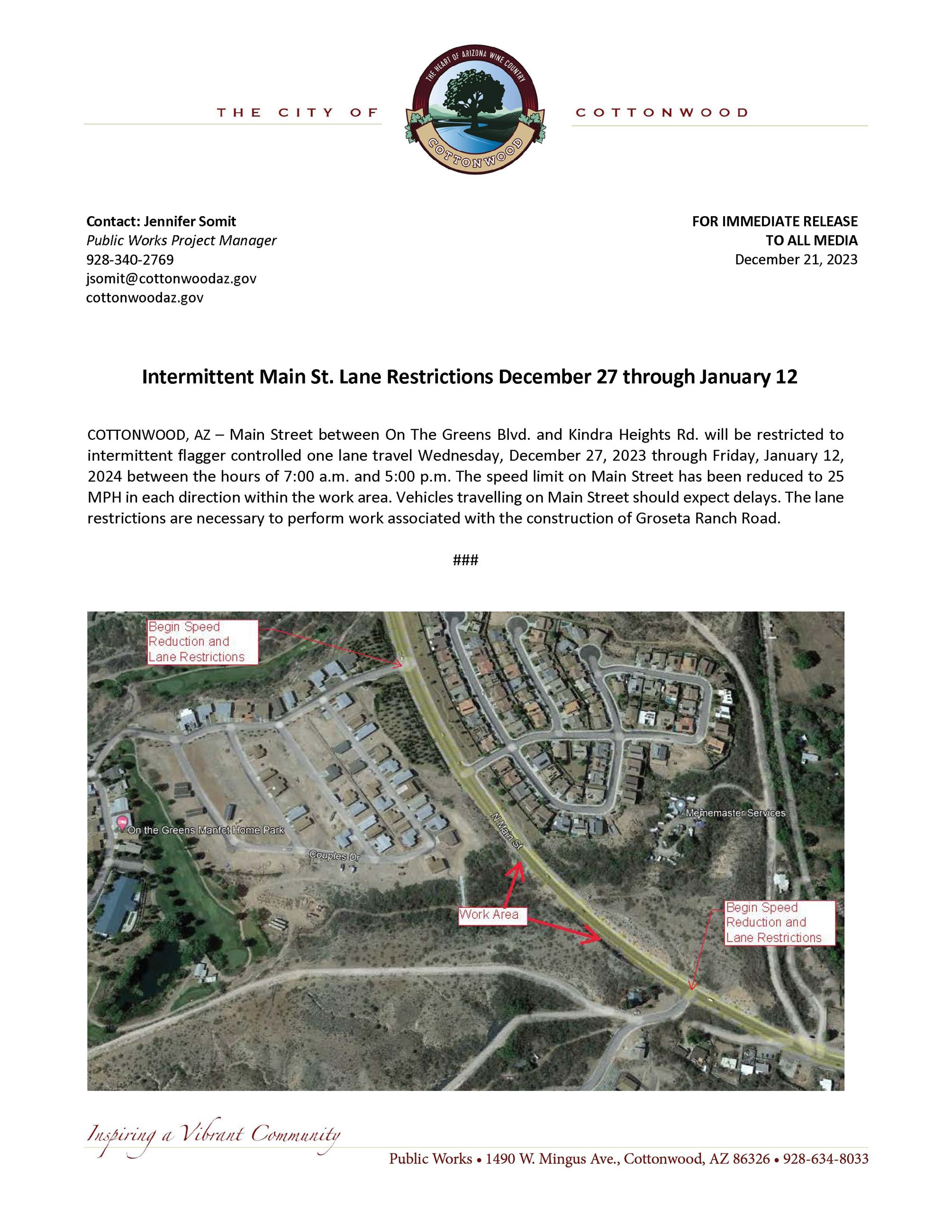 PRESS RELEASE - Intermittent Main Street Lane Restrictions