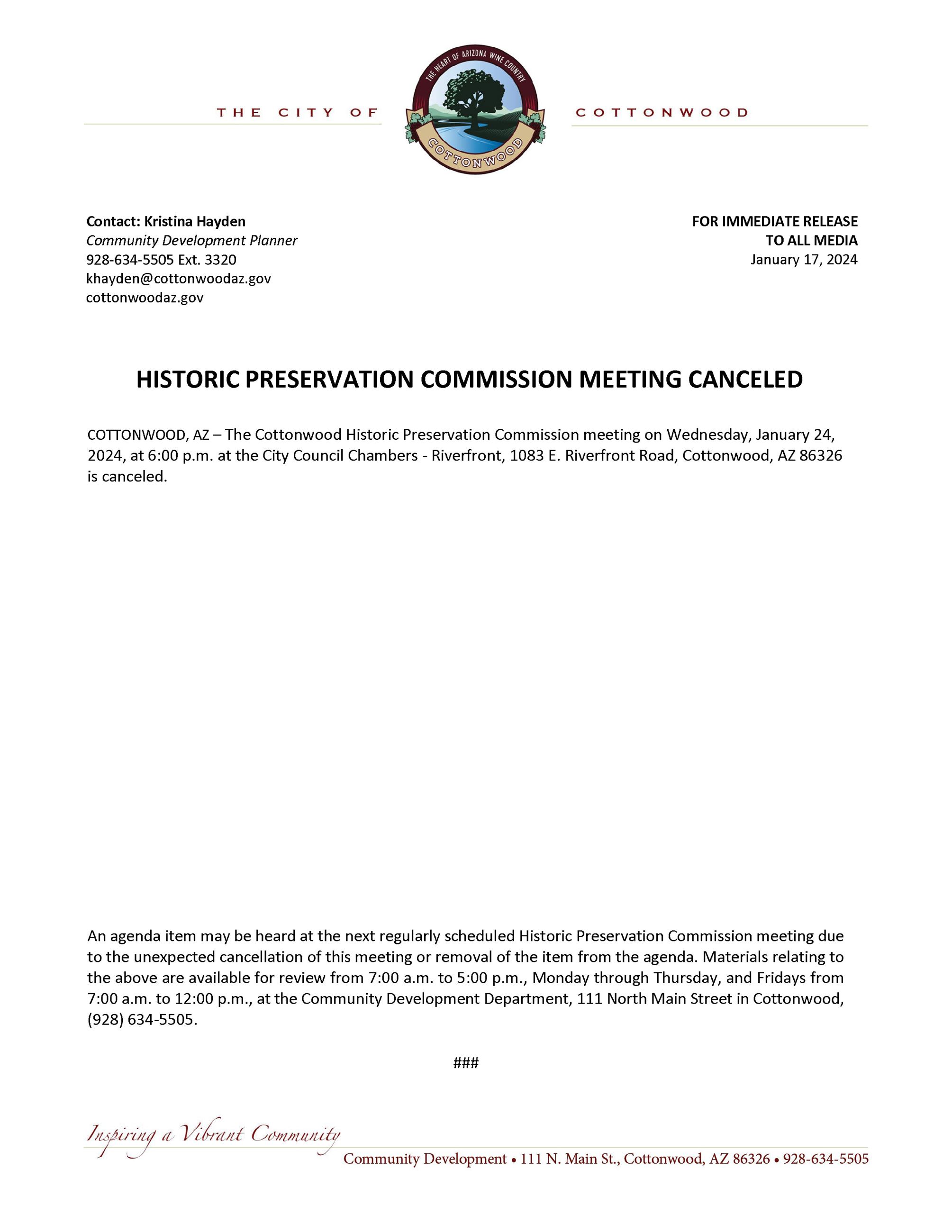 Press Release - HPC Meeting Canceled