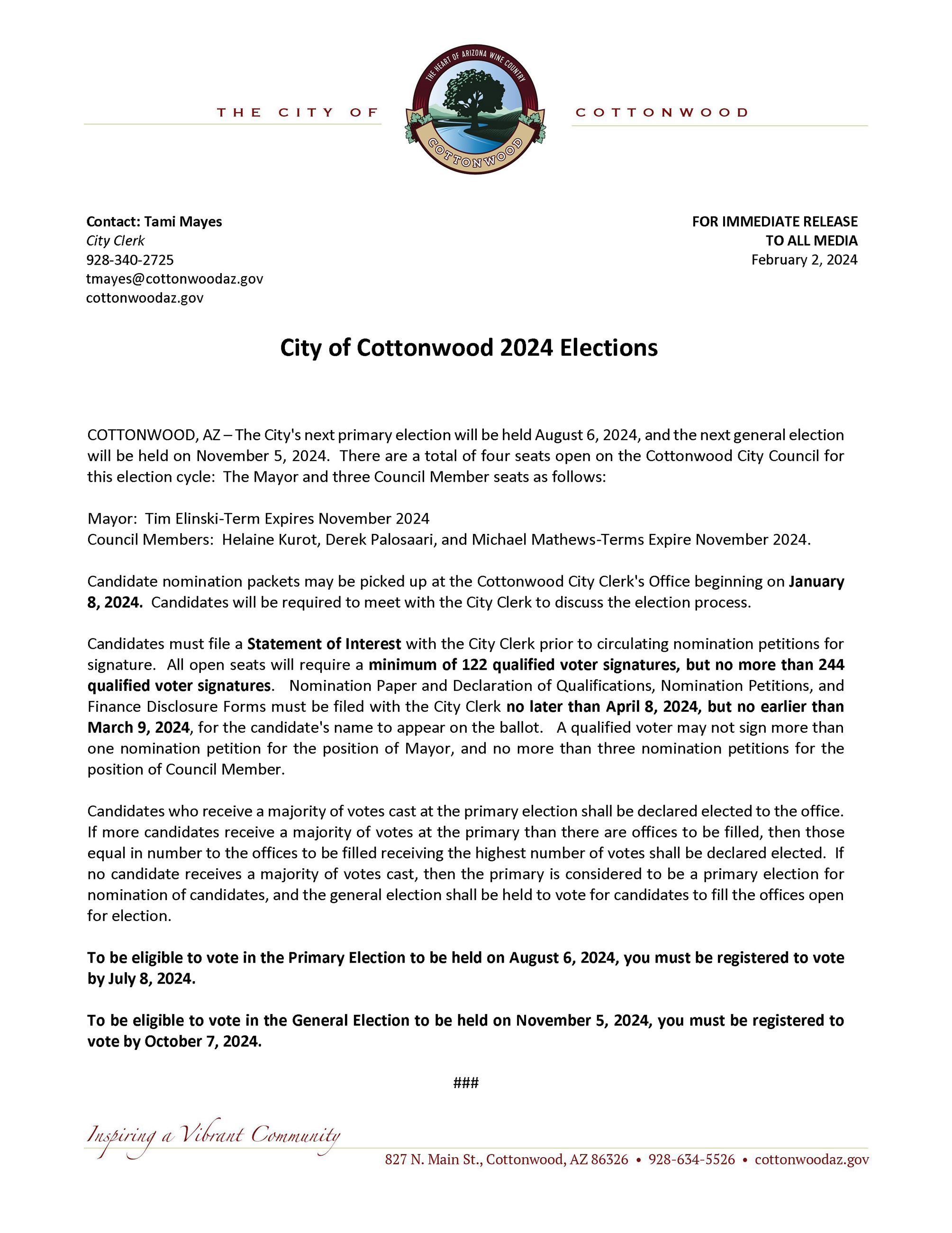 PRESS RELEASE - City Coucil Elections 2024