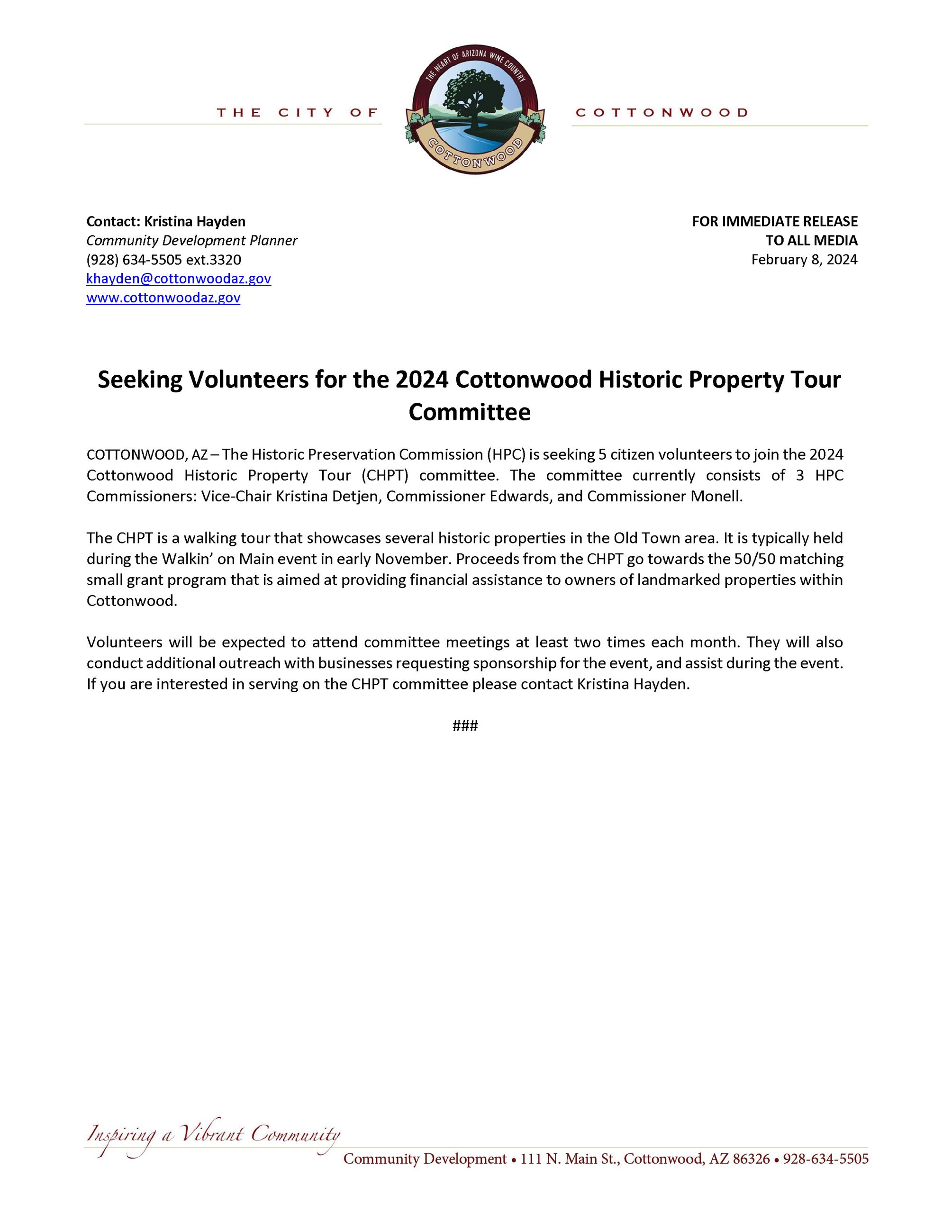 PRESS RELEASE - Seeking Volunteers for the 2024 CHPT Committee