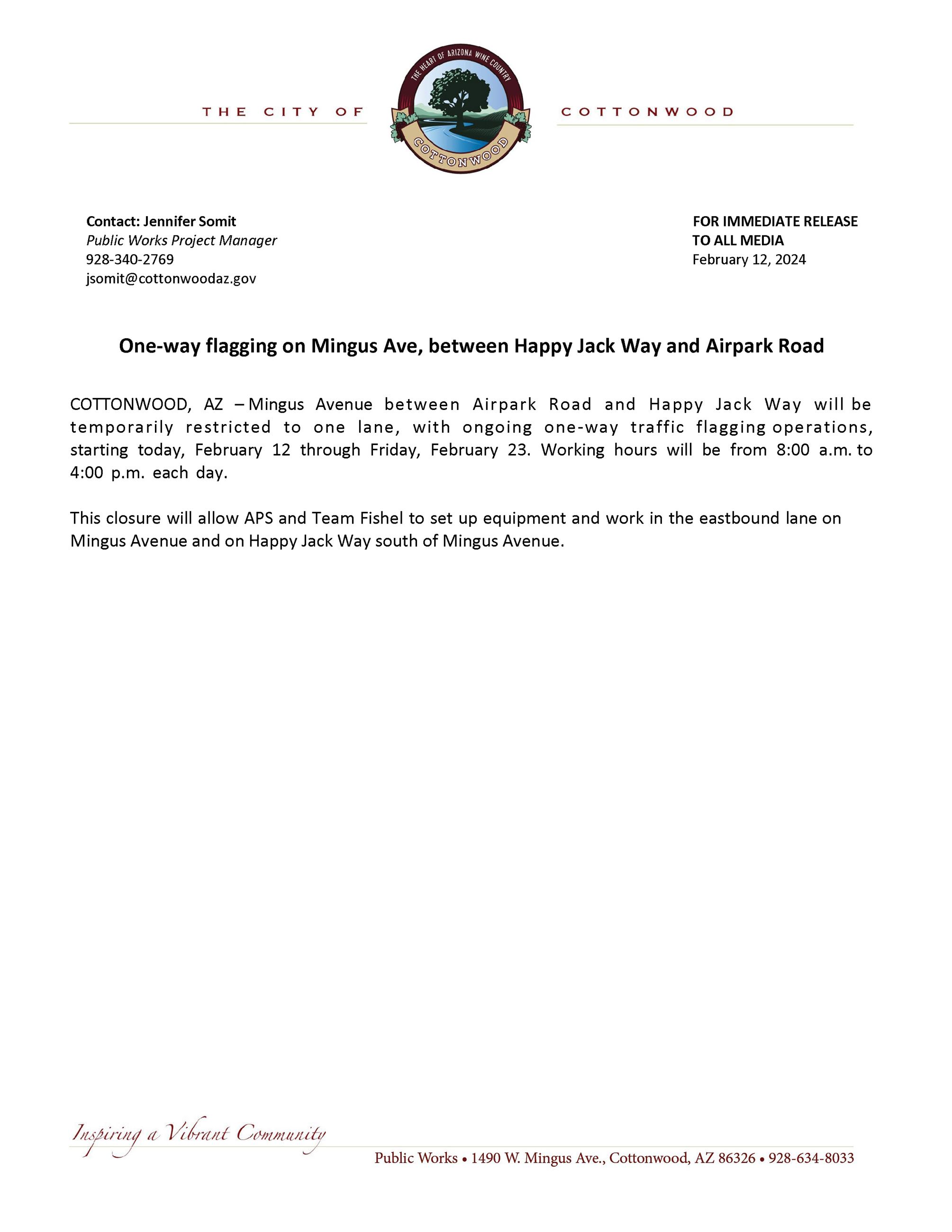 PRESS RELEASE - Mingus between Airpark and Happy Jack Way
