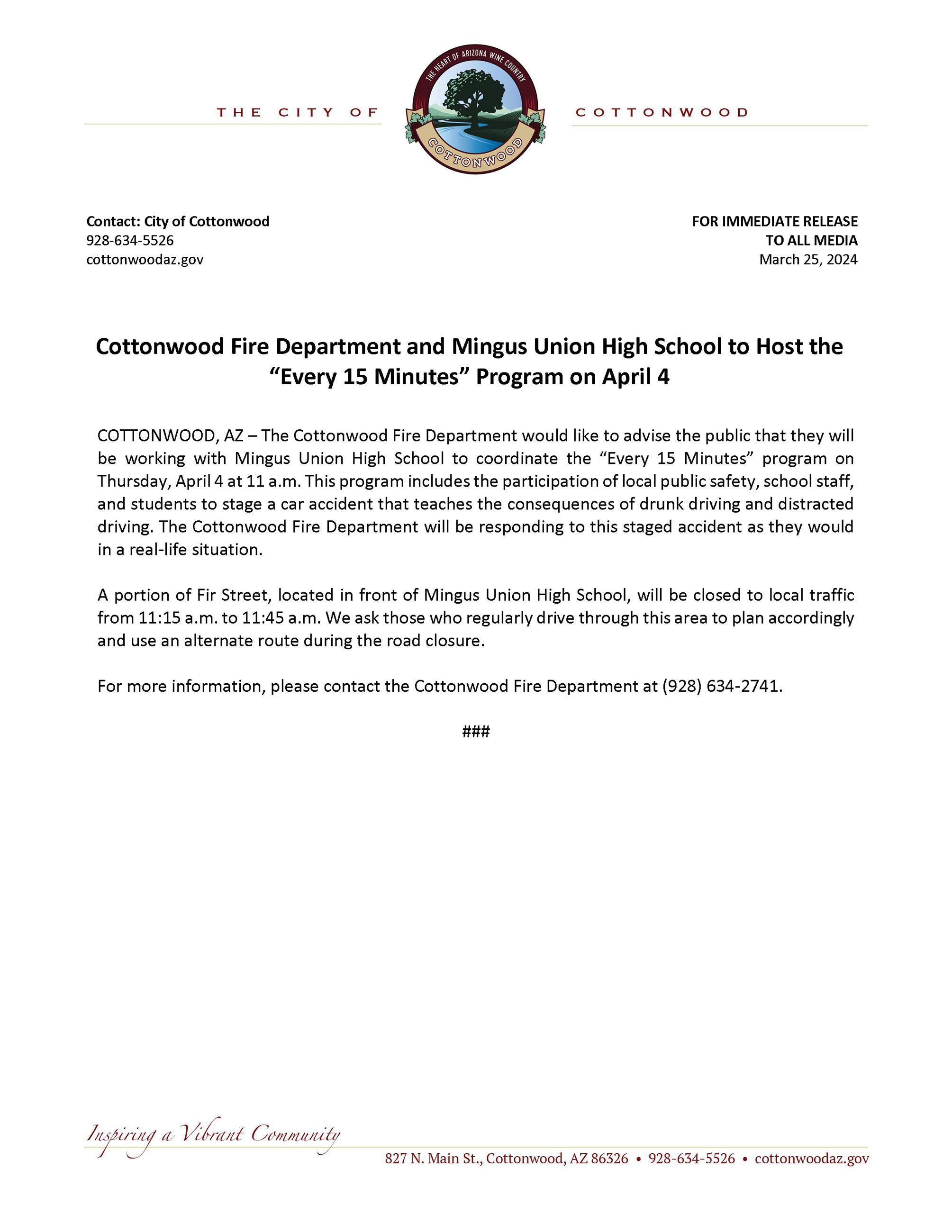 PRESS RELEASE - Every 15 Minutes