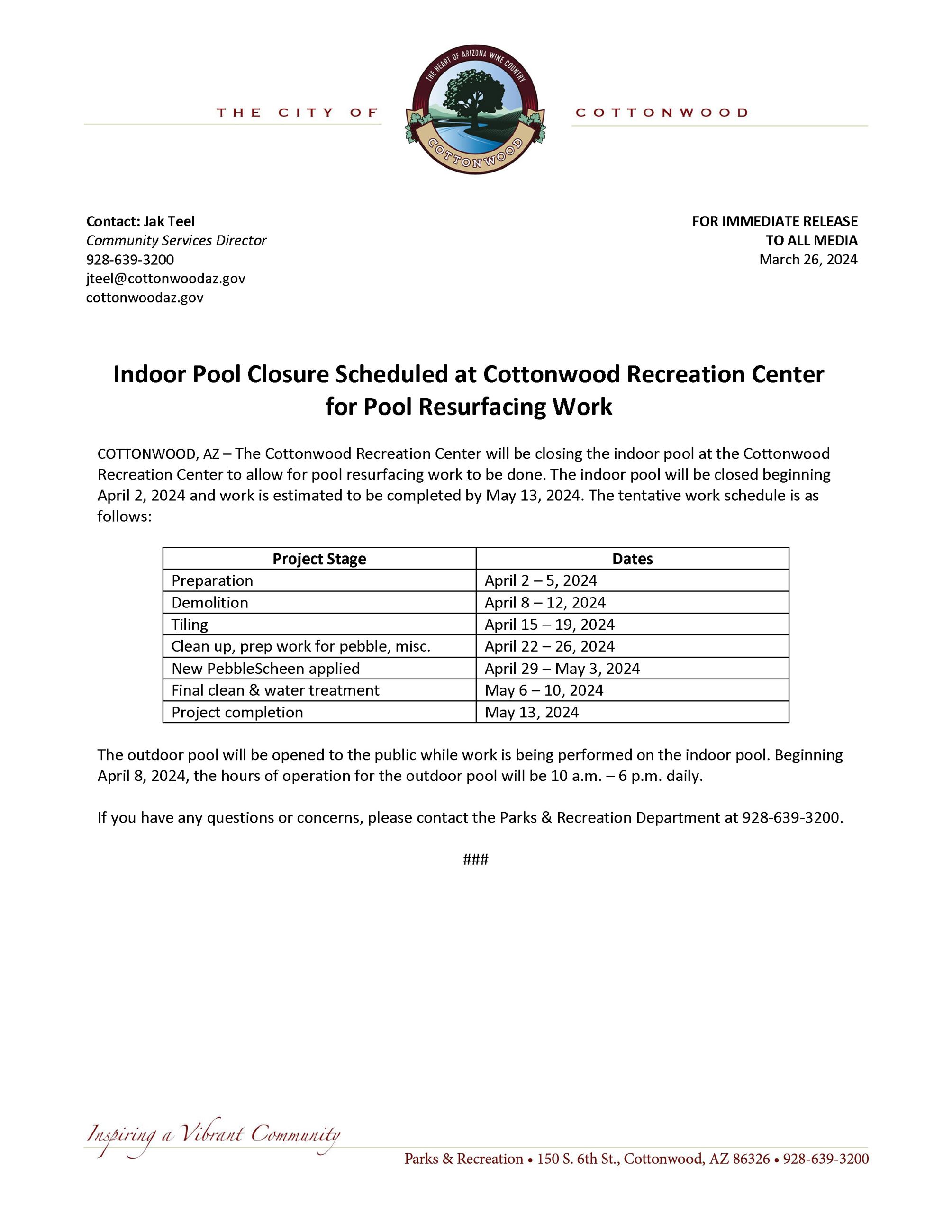 PRESS RELEASE - Indoor Pool Closure for Resurfacing Work