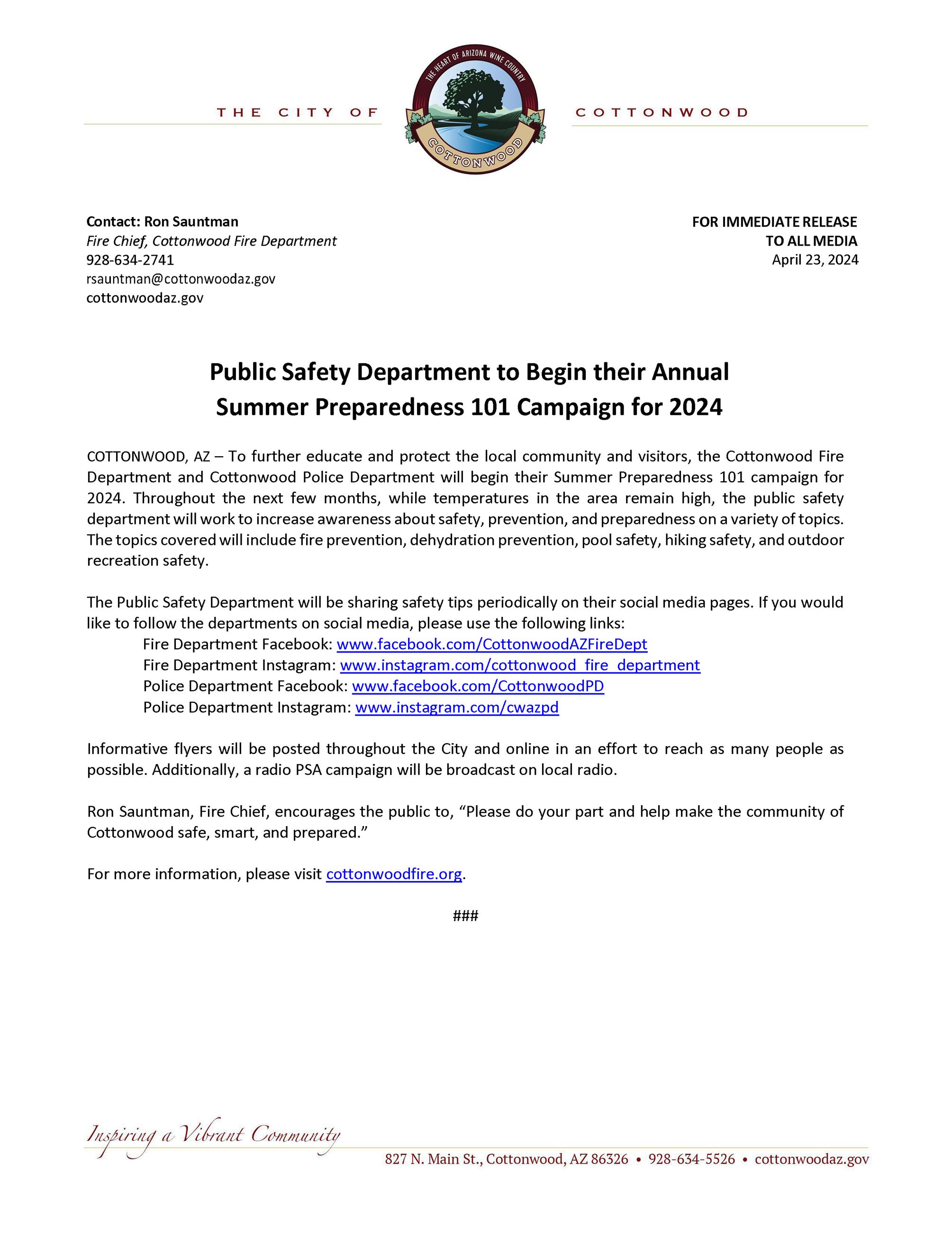 PRESS RELEASE - Summer Preparedness 101 Campaign 2024