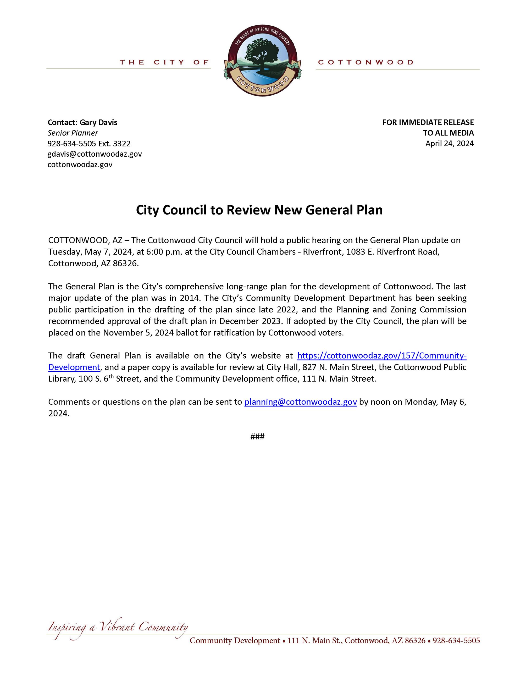PRESS RELEASE - City Council to Review New General Plan