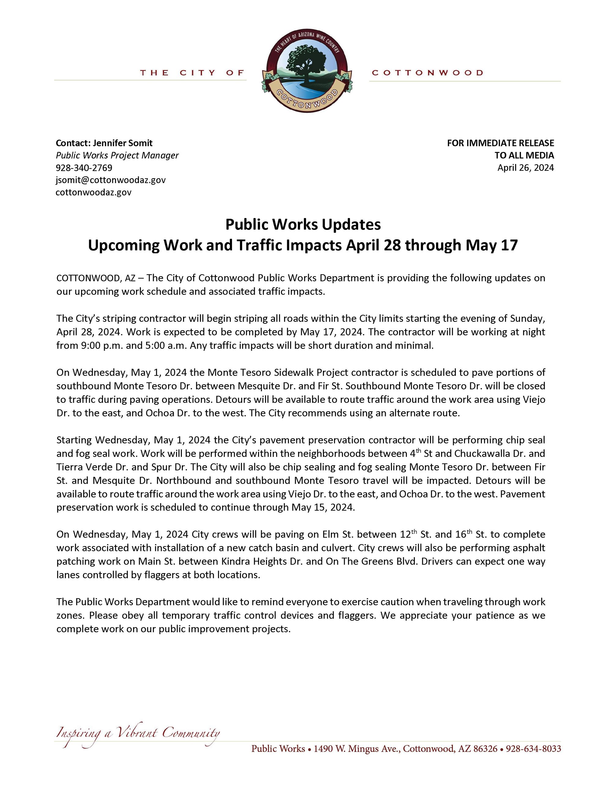 PRESS RELEASE - Public Works Update