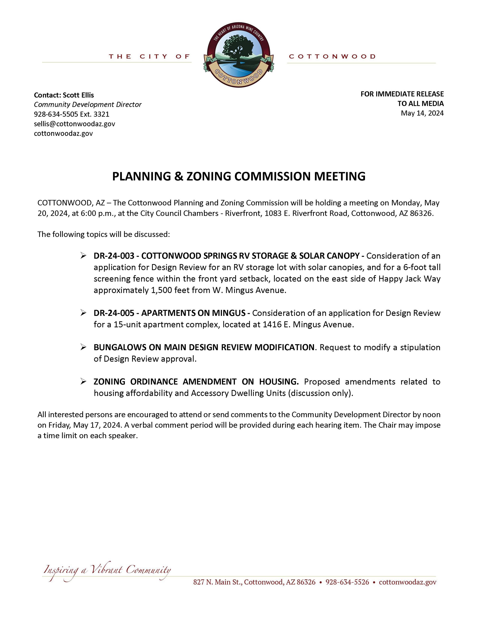 Press Release - PZ Meeting on 5-20-2024