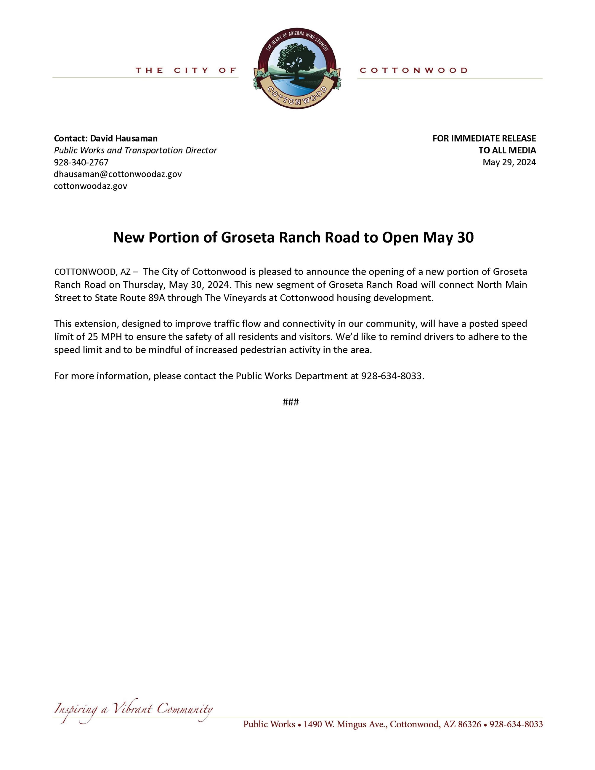 PRESS RELEASE - New Portion of Groseta Ranch Road to Open May 30