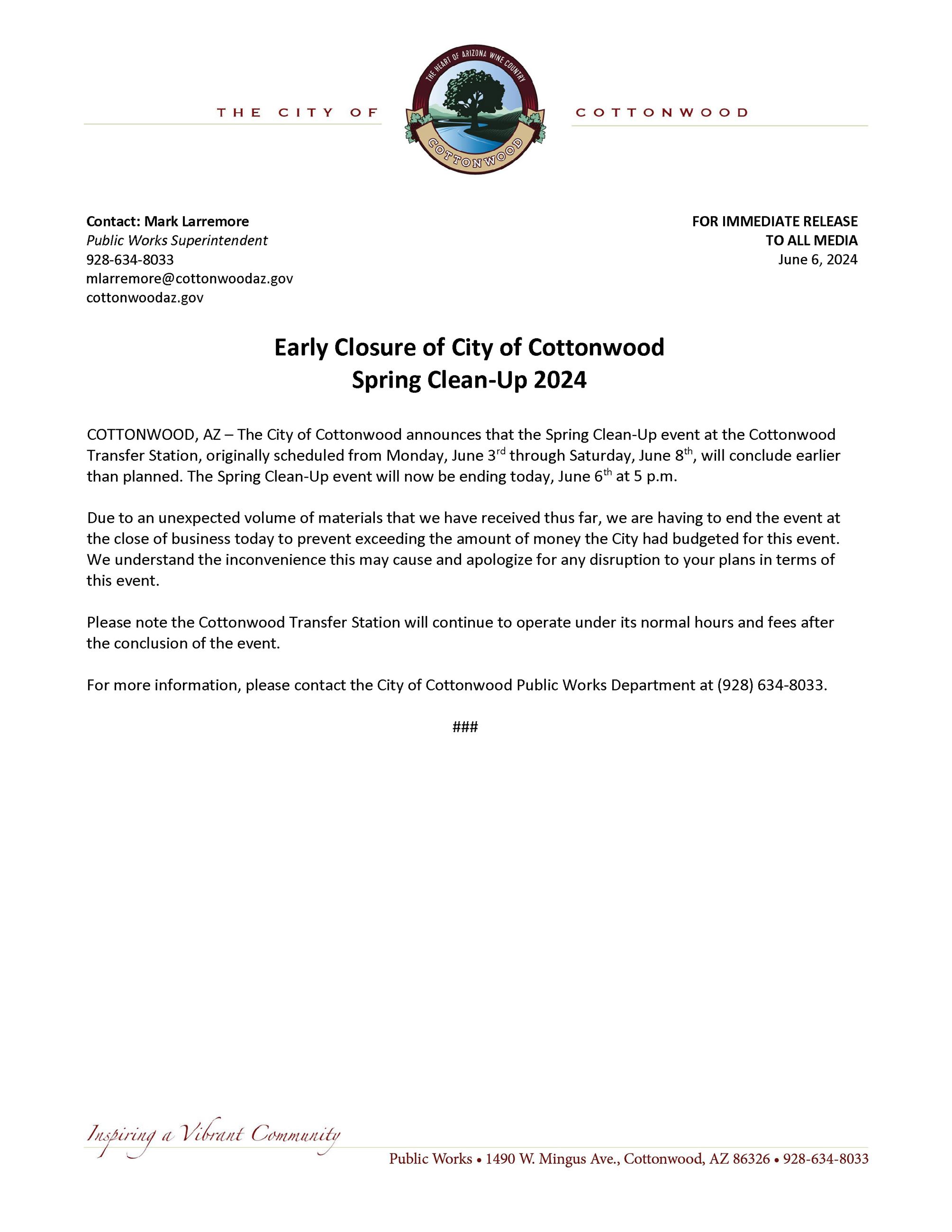 PRESS RELEASE - Early Closure of COC Spring Clean Up 2024